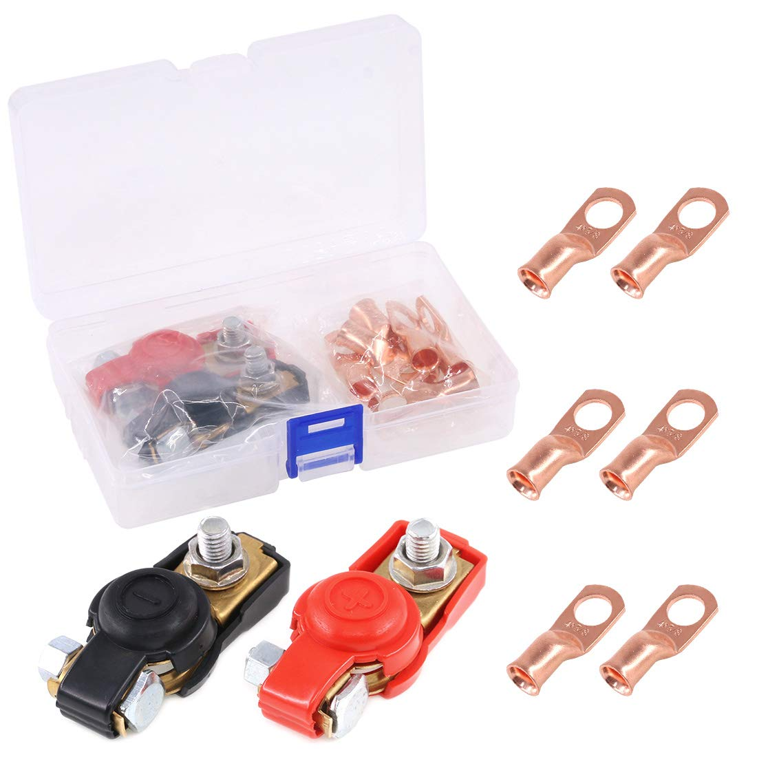 Hilitchi 1 Pair Car Battery Terminal Connectors Clamp and 6 Pcs Wire Lugs Battery Cable Ends Copper Eyelets Negative and Positive Top Post Copper Corrosion Resistance for Car Van and More image number 3
