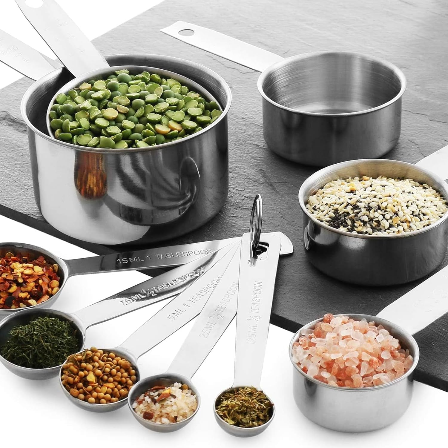 8 Piece Stainless Steel Measuring Spoons and Cups Combo,Stackable Tablespoons Measuring Set Kitchen Gadgets Measuring Cups, Measuring Spoons, Leveler for Cooking & Baking image number 1