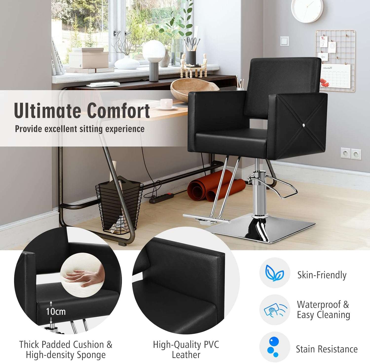 COSTWAY Barber Chair Hair Salon Styling Heavy Duty Hydraulic Pump Stylist Beauty Spa Shampoo Tattoo Equipment W/Electroplating Base, Armrests, Height Adjustable, 360&deg;Swivel, Load up 150KG Black image number 5