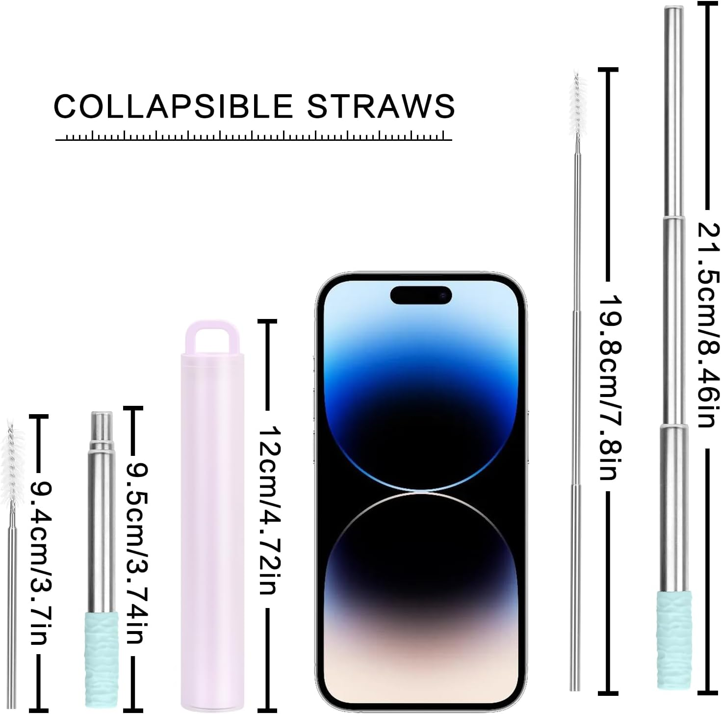 FYY Reusable Straws - 3 Pack Collapsible Stainless Steel Straws with Cleaning Brush and Silicone Tips Portable Travel Telescopic Drinking Straws with Storage Case and Keychain Ring image number 2