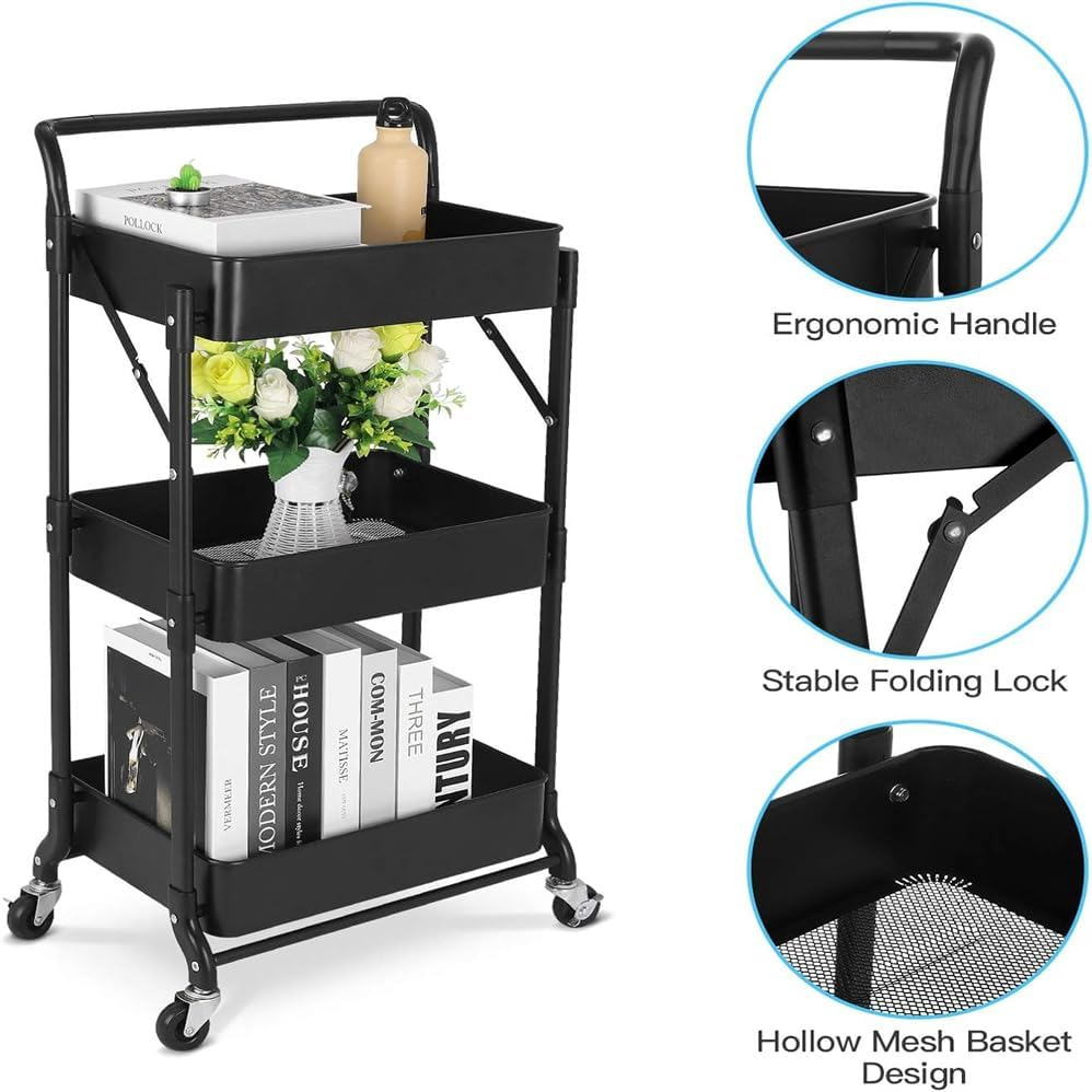 Foldable Storage Cart 3 Tier Rolling Cart with Wheels No Assembly Required Folding Metal Rack Organizer for Living Room, Kitchen, Bathroom, Bedroom and Office,Foldable Rolling Rack image number 4