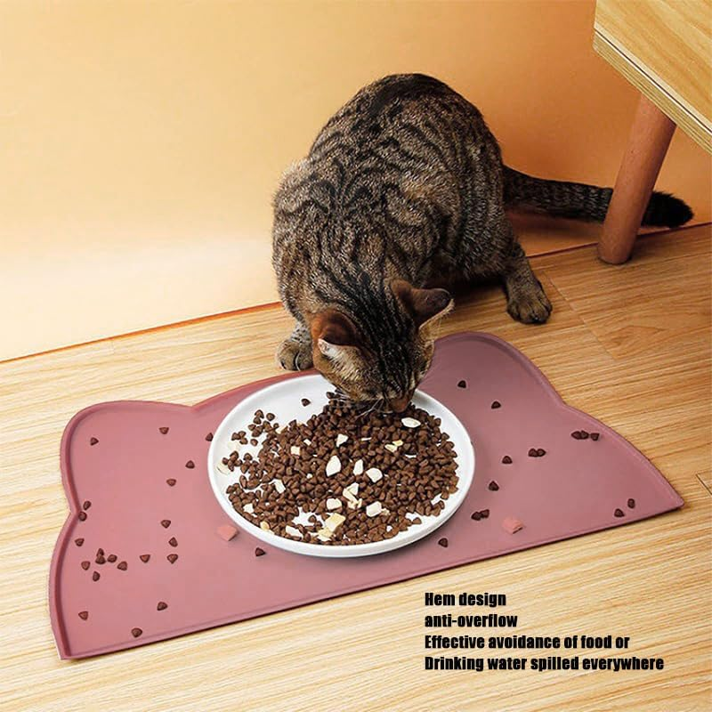 2 Pcs Cat Food Mat,Silicone Cat Feeding Mat,Pet Placemat Silicone Pet Food Mat for Floor,Waterproof Non Slip Pet Feeding Mat, Raised Edge Cat Bowl Mat to Stop Food Spills,Easy Clean,Cat Pattern