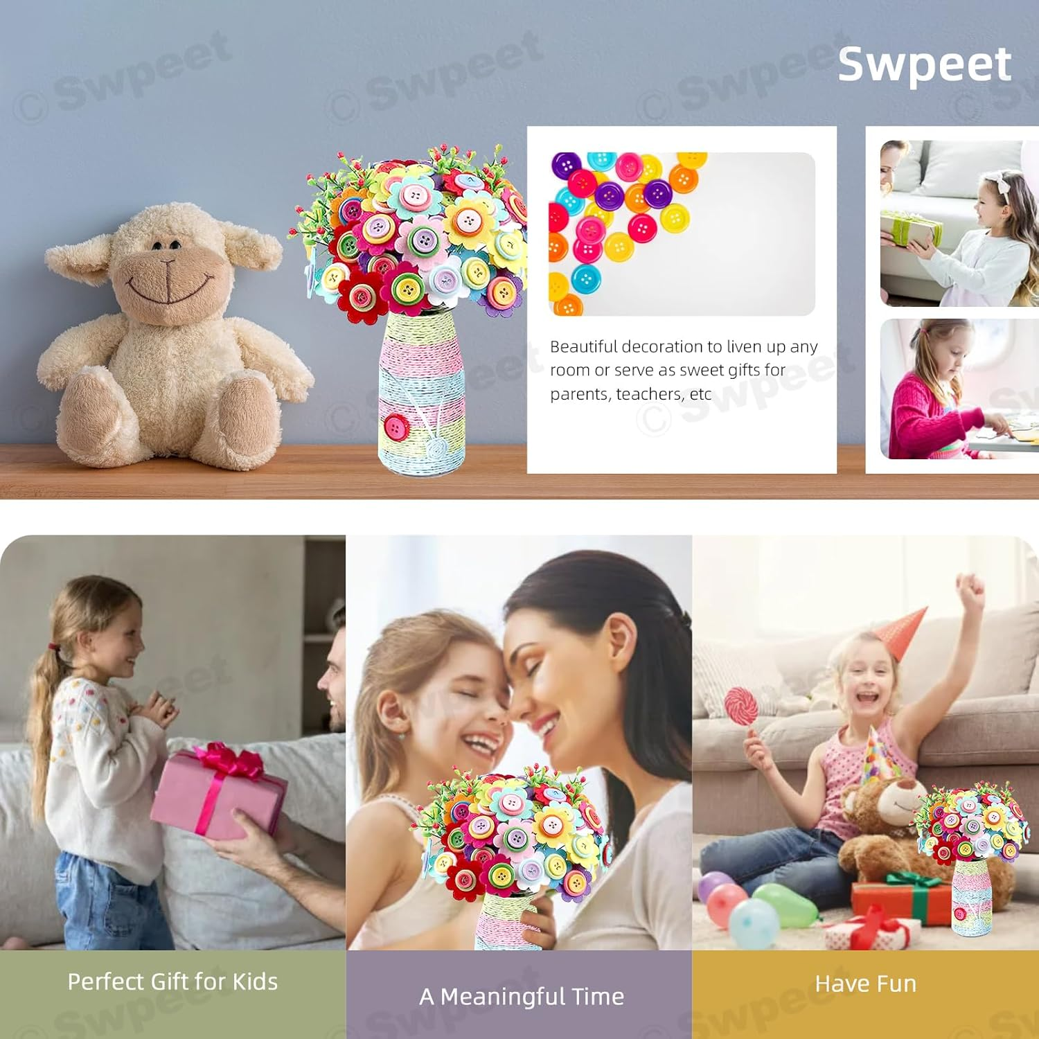 Swpeet 253Pcs Flower Craft Kit, Make Your Own Flower Bouquet with Buttons Felt Flowers, DIY Activity Supplies Vase Art and Craft Kits for Most Craft Project image number 4