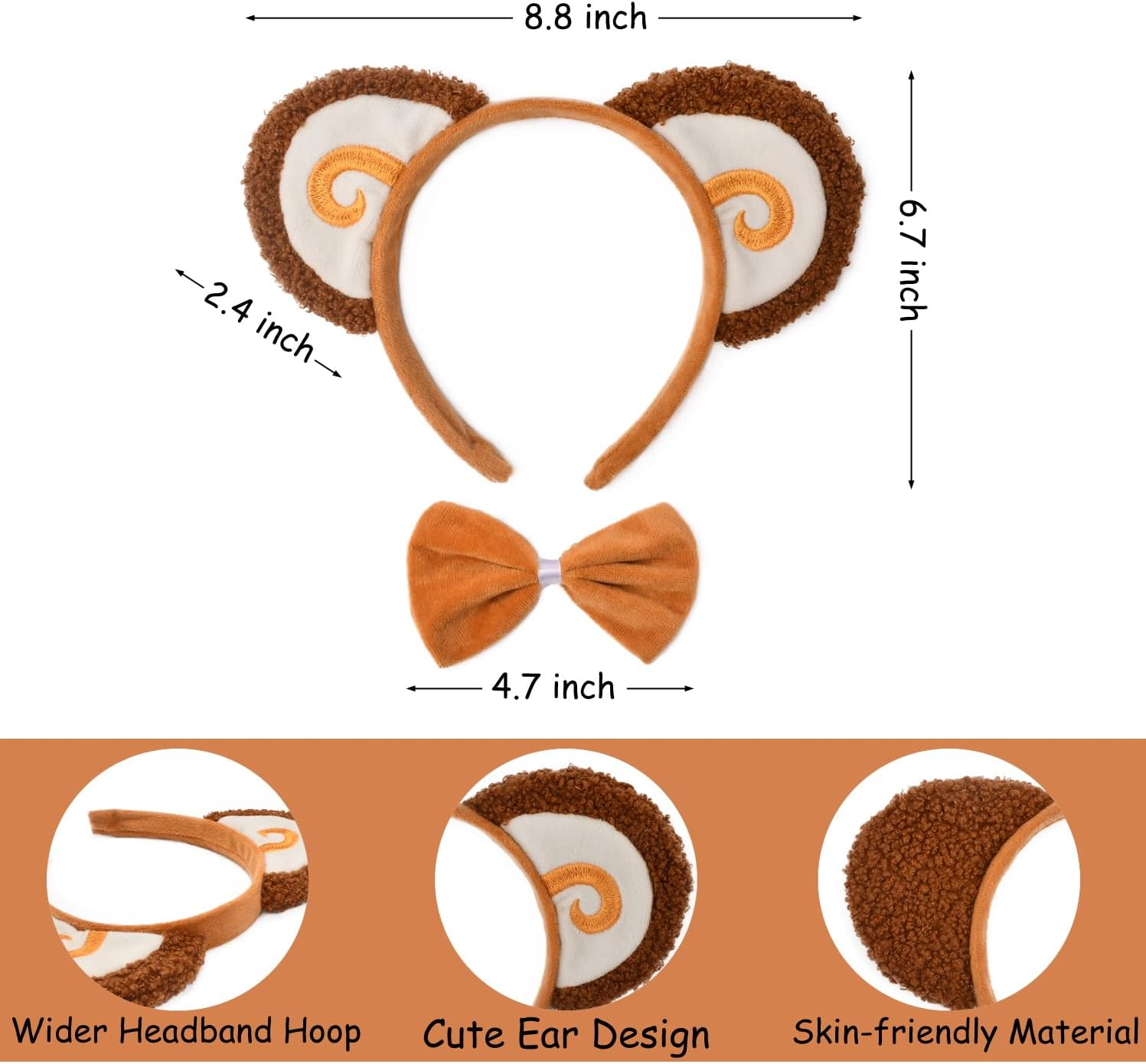 HODRME 3 Pieces Monkey Ears and Tail Set-Orange Monkey Headband Tail Bow Tie Cosplay Party Costume Accessoies for Kids and Adults image number 4