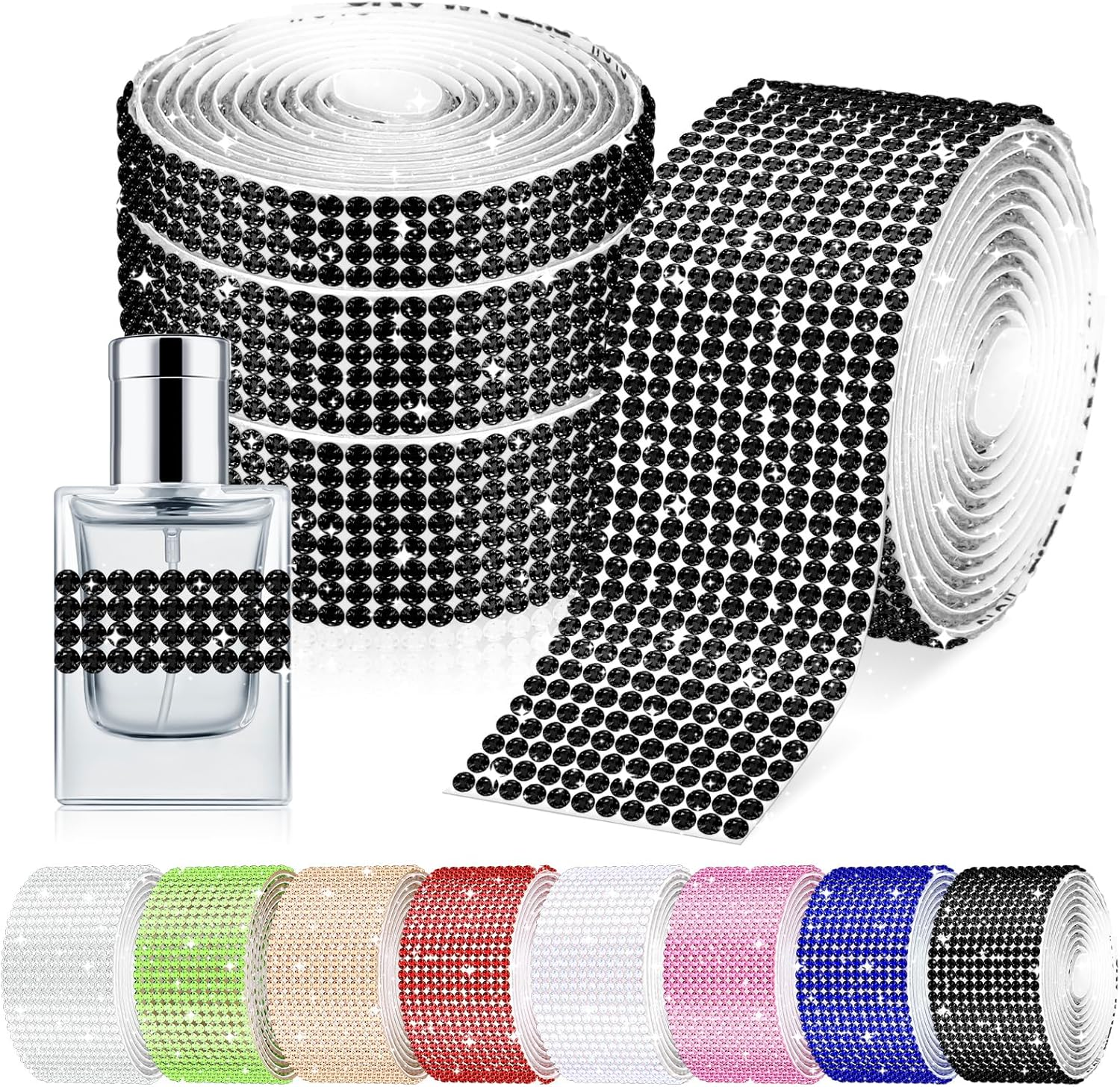 Glarks 4 Rolls 364CM Self-Adhesive Crystal Rhinestone Ribbon, 4/6/8/12 Rows Champagne Color Wrap Glittering Rhinestones Sticker, Diamond Rhinestone Ribbon Roll Stickers for Decoration Car DIY Crafts