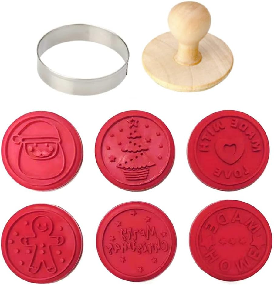 6 PCS Silicone Holiday Christmas Cookie Stamp Set with round Cookie Cutter, Wooden Press Handle, Christmas Cookie Cutter, Santa Claus, MADE with LOVE, Gingerbread Man, HOME MADE image number 3