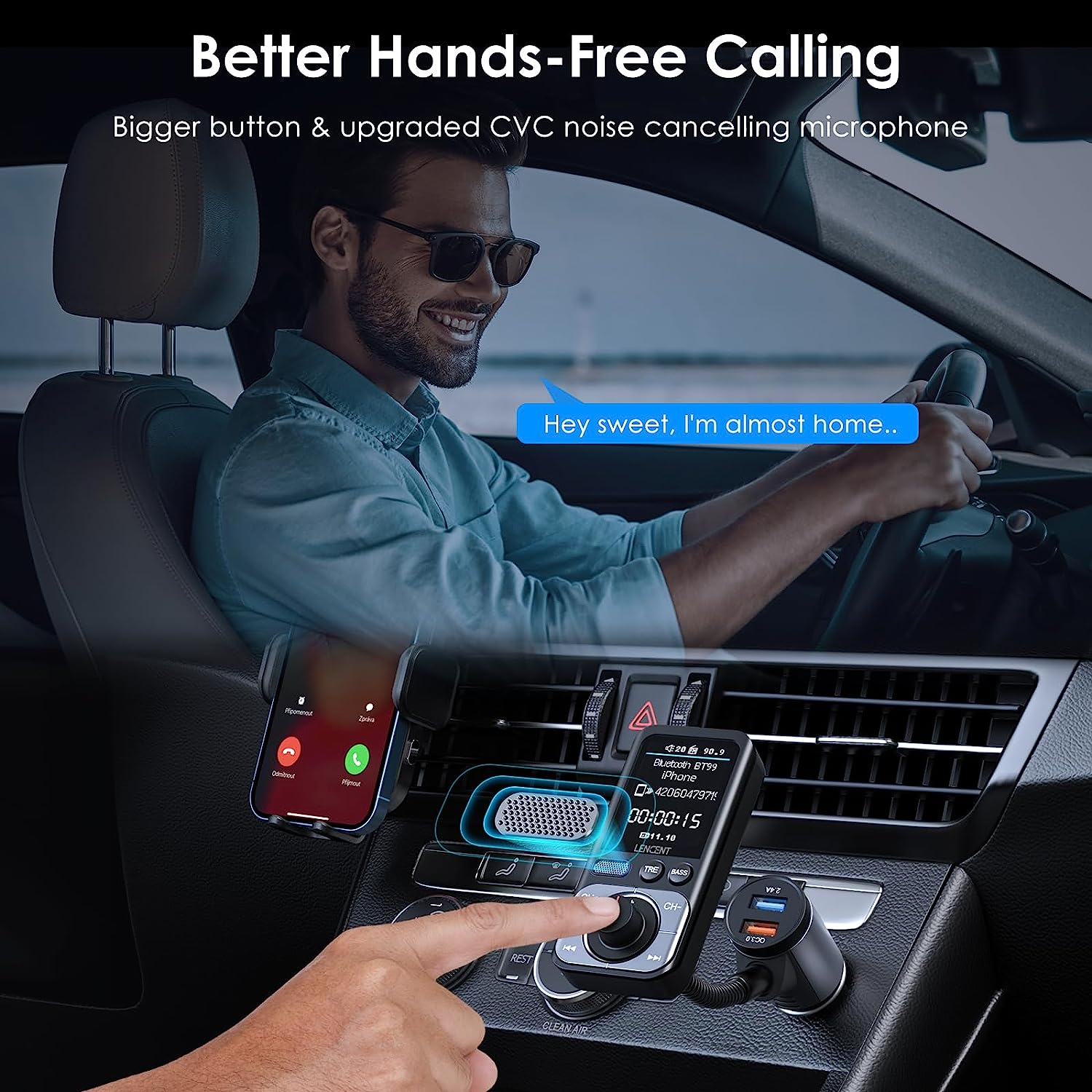 LENCENT Bluetooth 5.0 FM Transmitter with Big Color Screen, Hifi Music Treble&Bass Booster, QC3.0 Fast Charger, AUX Car Radio Adapter, Wireless Microphone Support Hands-Free Siri TF Card image number 4