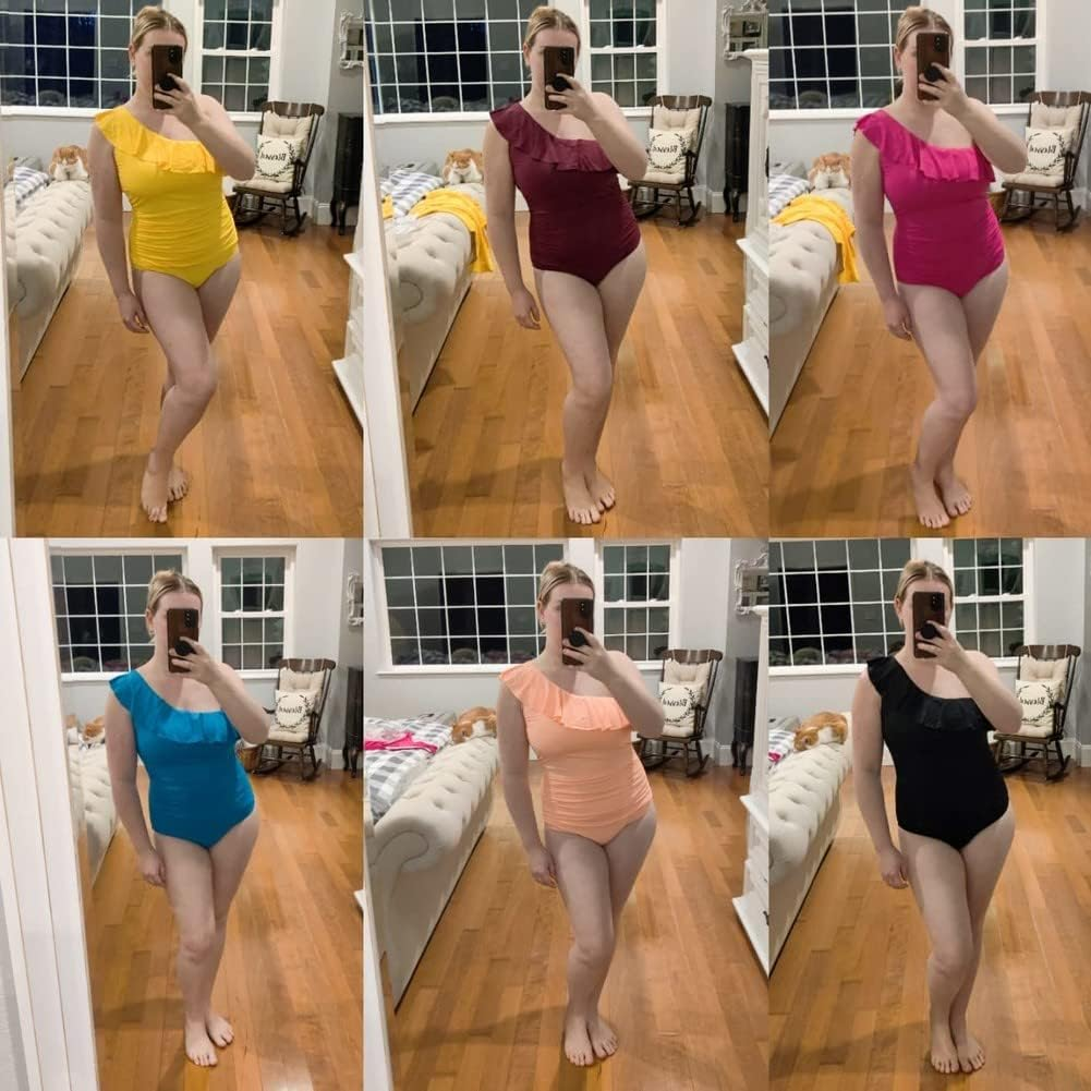 Hilor Women'S One Piece Swimsuits One Shoulder Swimwear Asymmetric Ruffle Monokinis Bathing Suits Hot Pink 10 image number 4