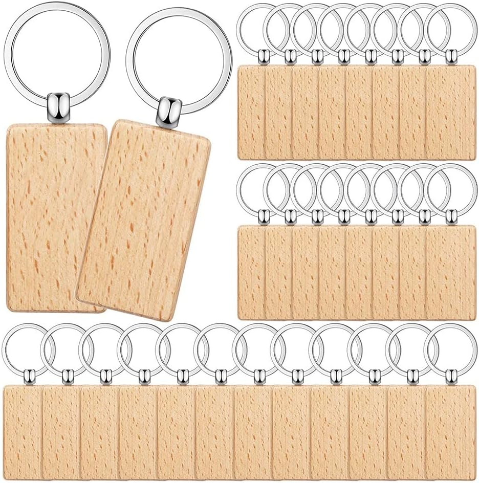 50 Pieces Blank Wooden Key Tag Key Engraving Blanks Unfinished Wood Keychain Key Ring Key Tags for DIY Crafts,Rectangle image number 3