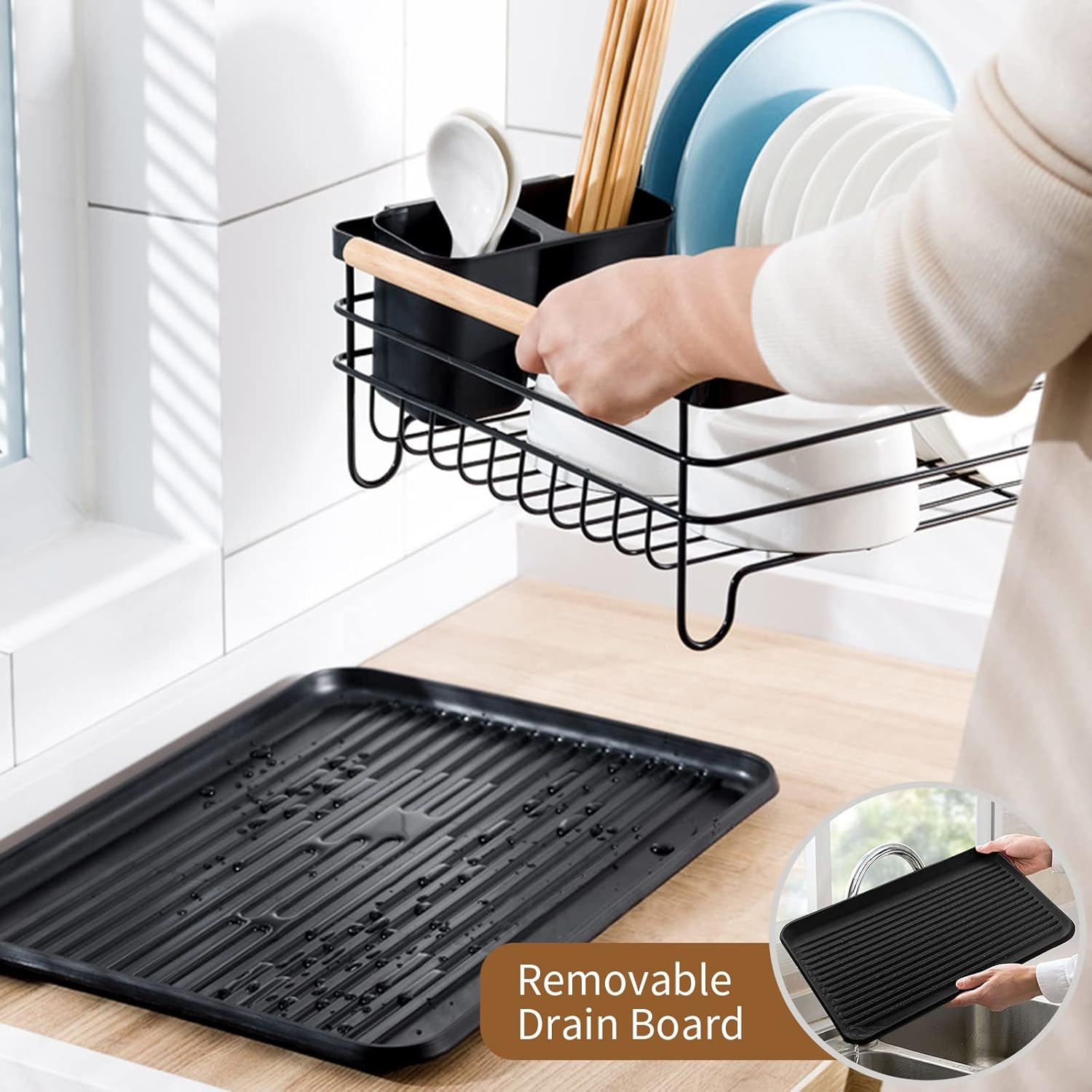 Dish Drainer Rack with Removable Drip Tray, Metal Kitchen Dish Drying Rack Organiser with Wooden Handles, Dish Rack, Dish Drainers, Black, 43 X 30.5 X 14 Cm image number 1