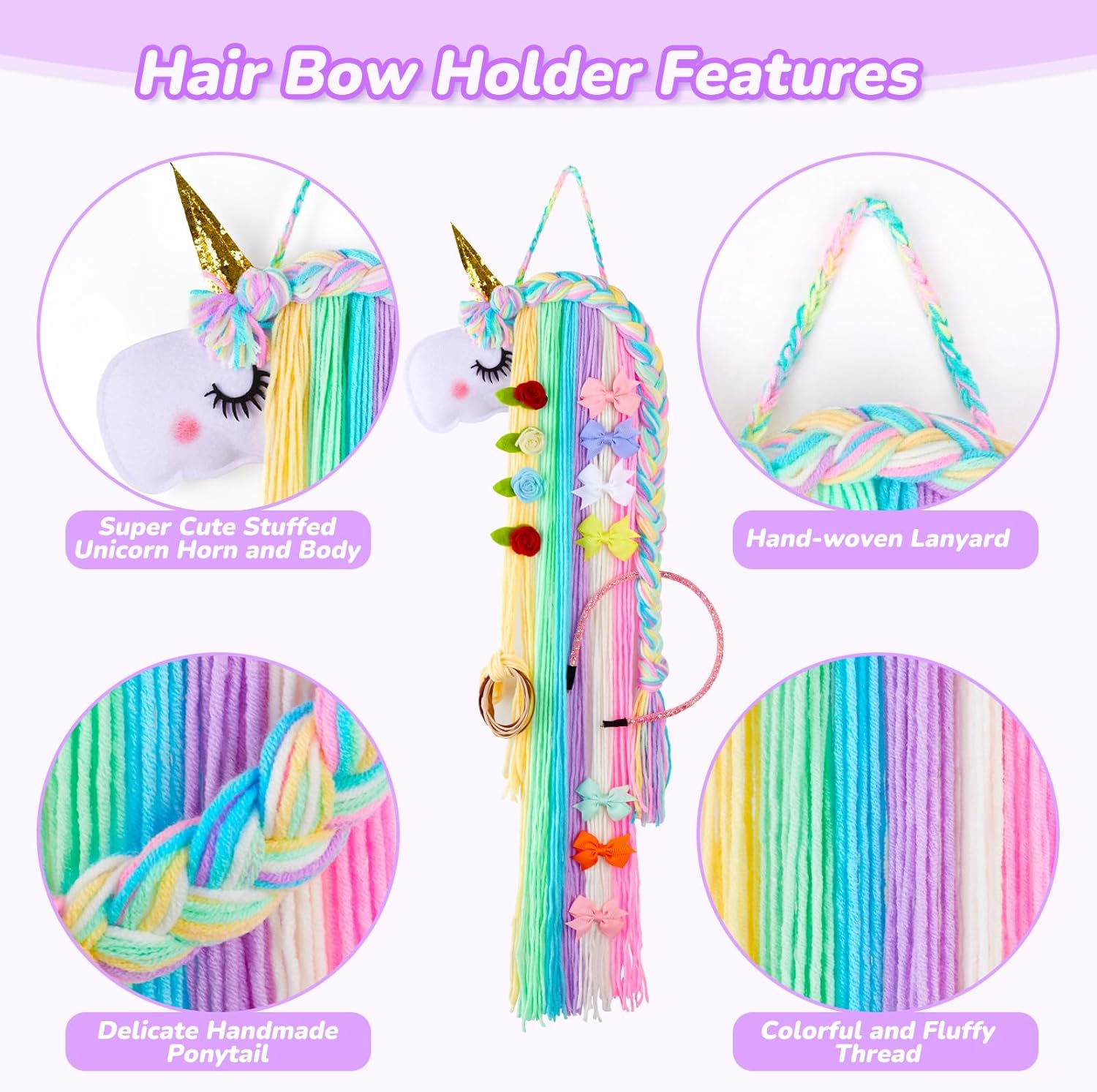 Basumee Unicorn Hair Bow Holder for Girls Wall Hanging Decor and Baby Hair Clip Hanger Organizer Rainbow Unicorn image number 6