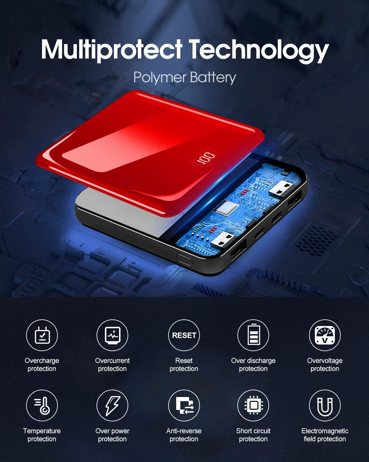 Power Bank with Built in Cables, 10000Mah Slim Portable Charger LED Display, Small External Battery Pack with 4 Inputs and 5 Outputs Phone Charger for Iphone Samsung Huawei Ipad Etc (Red)