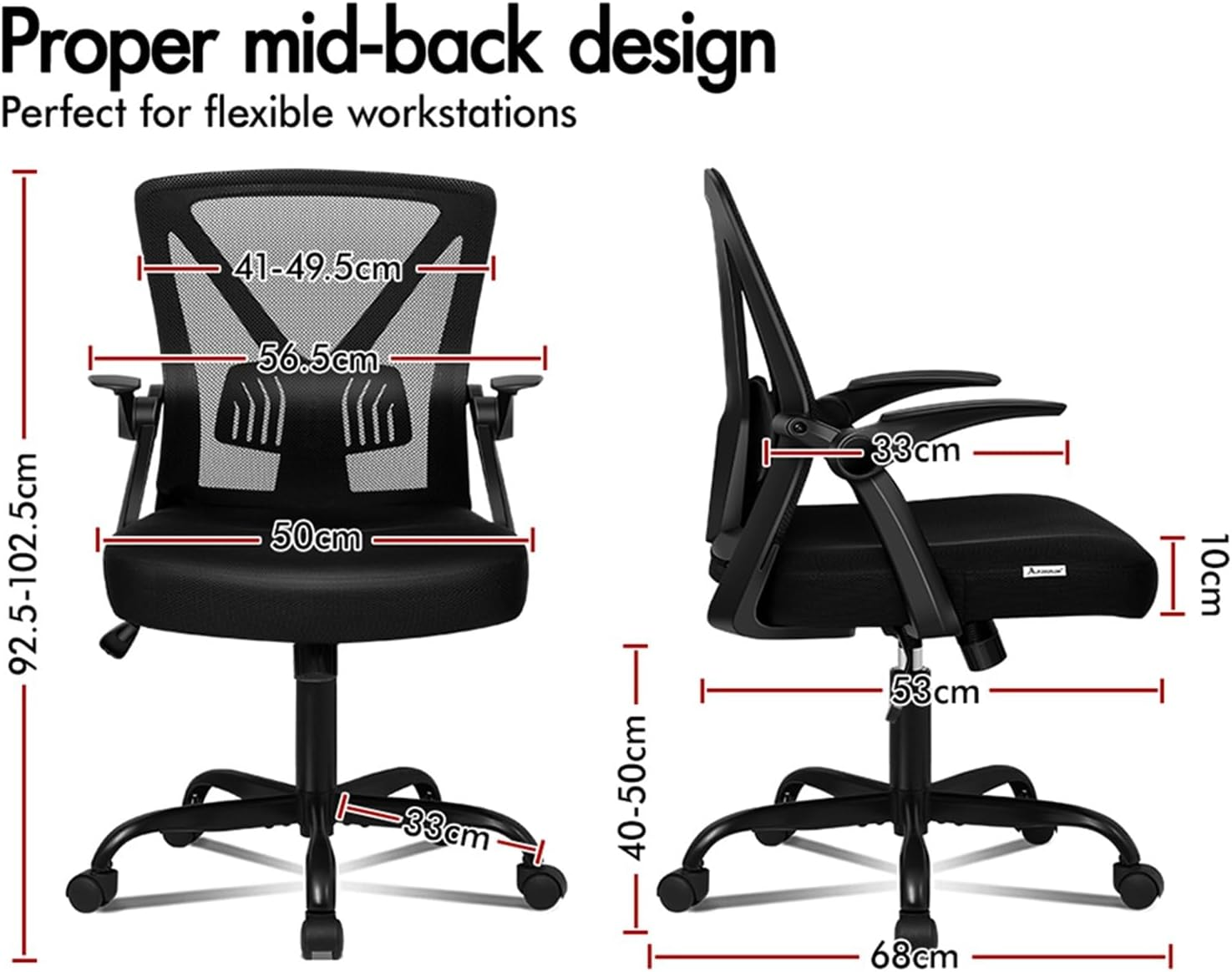 ALFORDSON Mesh Office Chair with Tilt and Height Adjustment, Mid-Back Executive Swivel Fabric Chair with Lumbar Support & Flip-Up Armrest, Gaming Racing Computer Desk Chair for Home Office, All Black