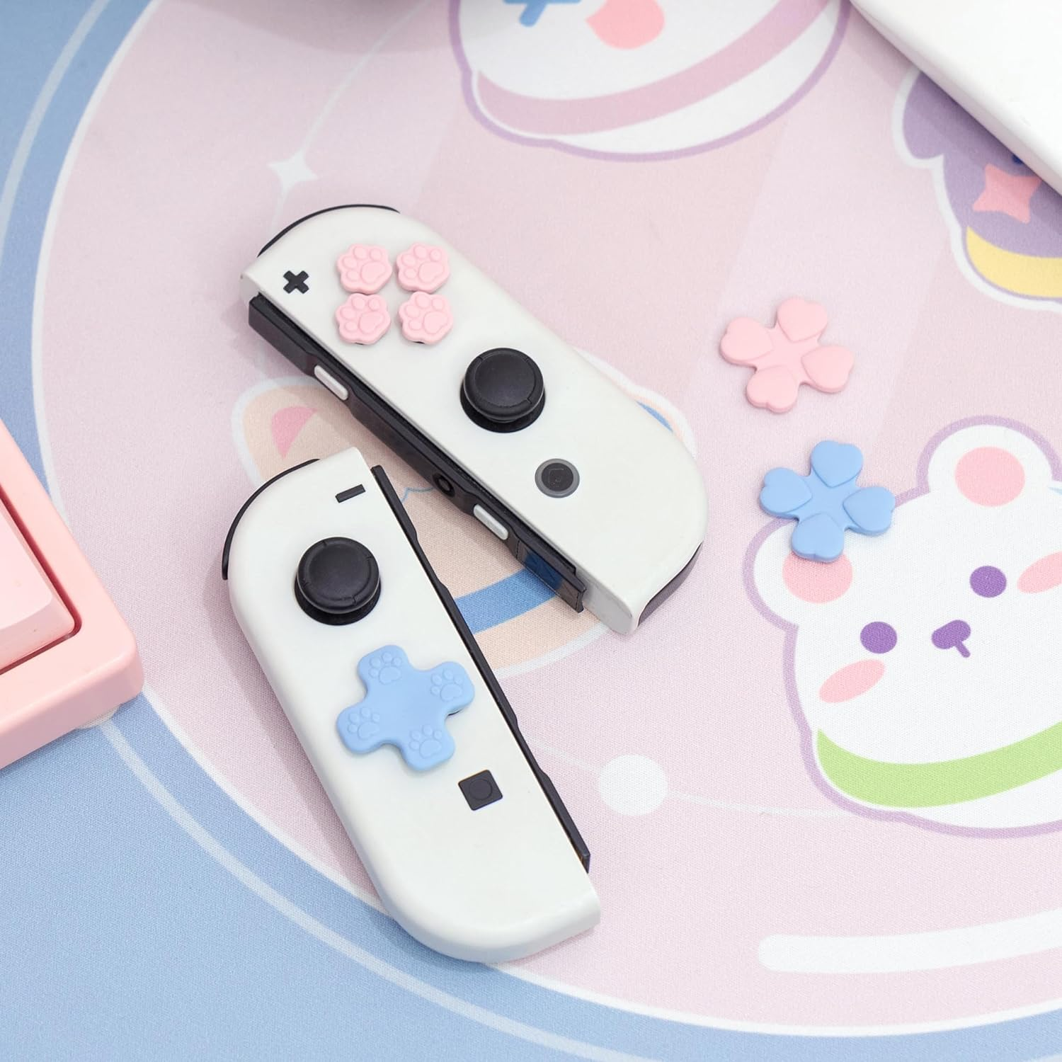 Geekshare Silicone Cross D-Pad Button Caps Set Cat Paw Joystick Cover - ABXY Key Buttons Sticker Compatible with Switch/Oled Game Console - Pink & Blue image number 5