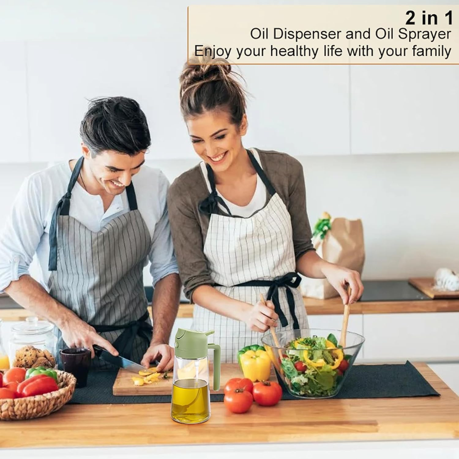 AXIM Olive Oil Dispenser Bottle,2 in 1 Oil Sprayer for Cooking,17Oz/500Ml Glass Oil Spray Bottle with Pourer for Kitchen, Salad, Barbecue (2 Pc,Black+White) image number 6