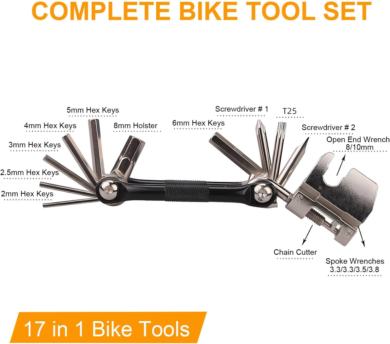 17 in 1 Bike Multi Tool Kit with Chain Breaker Ergonomic and Lightweight MTB Bike Repair Kit Motorcycle Accessories Stainless Steel image number 1