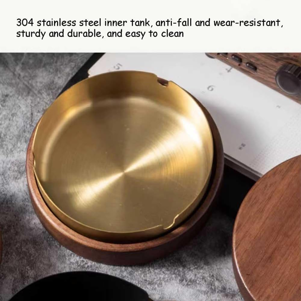 Wooden Ashtray with Lid, Portable Indoor Outdoor Ash Tray with Stainless Steel Liner for Home, Office, Balcony, Patio, Parties image number 2