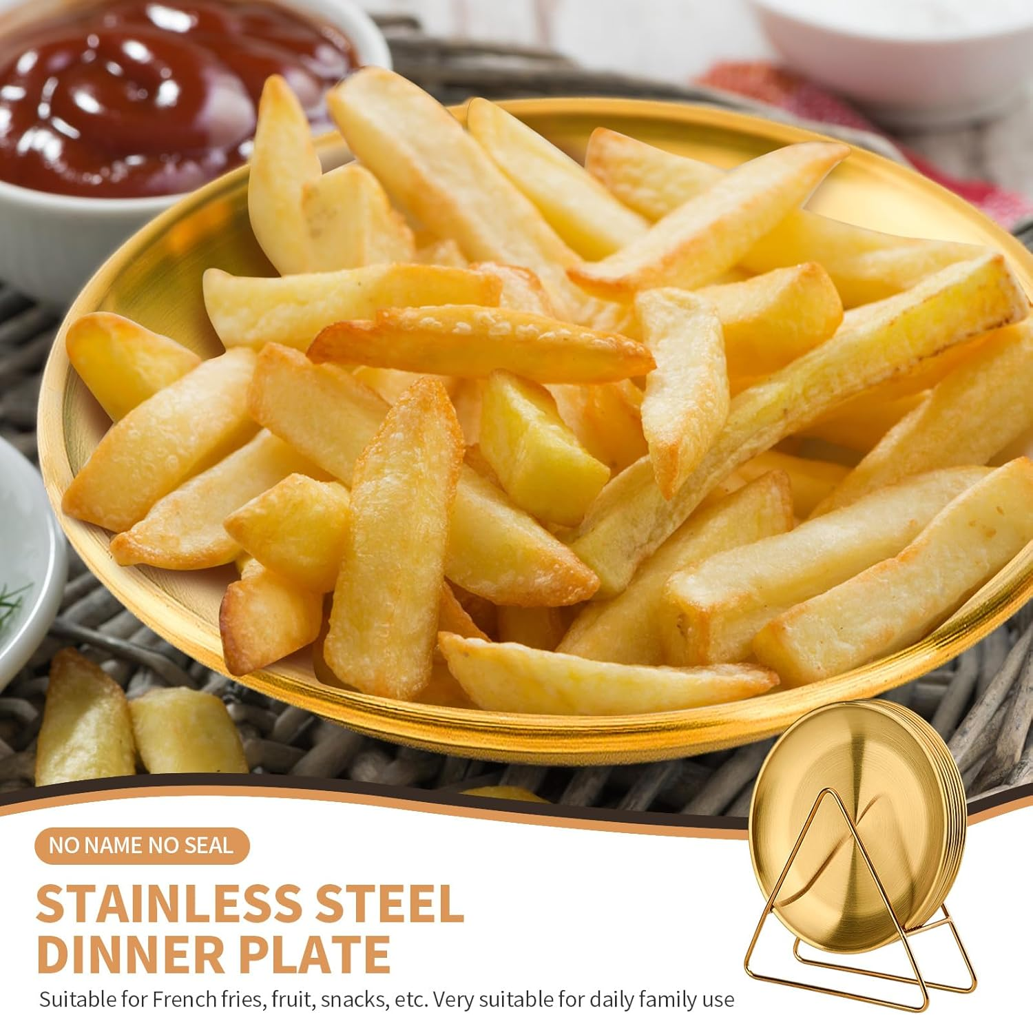 8-Piece 7.8-Inch Appetizer Plate with Stand Set Gold Silver Stainless Steel round Plates Suitable for Cakes Desserts, Salads, Dips, Snacks, Side Dishes (Gold, 7.8Inch) image number 4