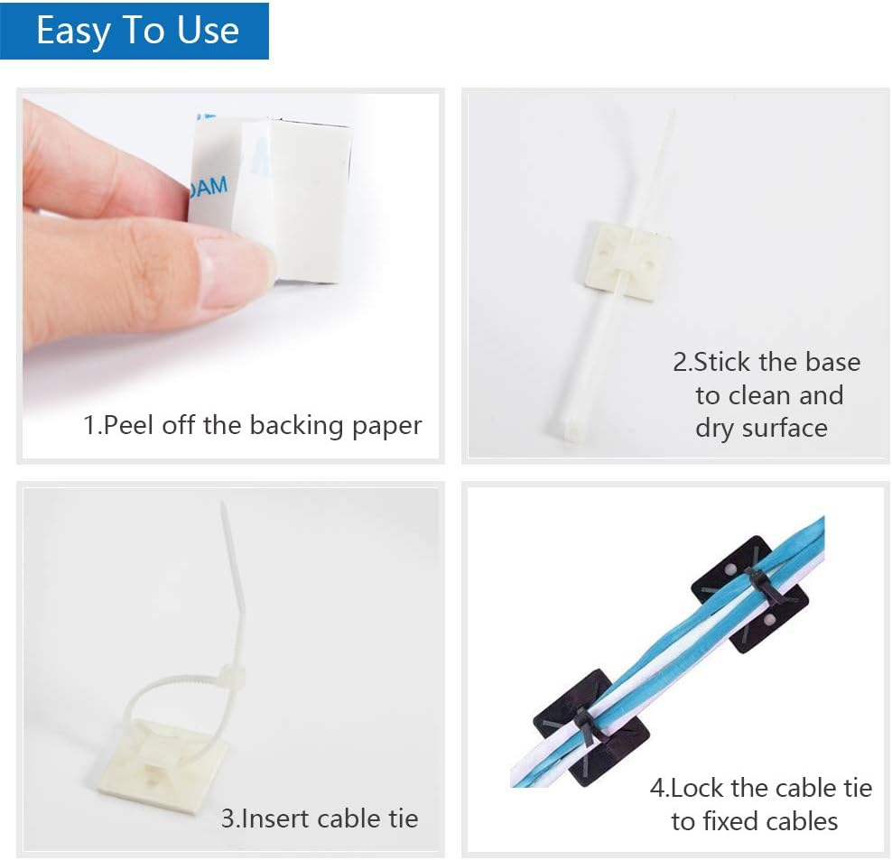 Self Adhesive Cable Tie Mounts - 3M Strongly Adhesive-Backed Zip Tie Base Holders for Home, Office Cable Wire Management(21Mm X 21Mm, White, 100Pack) image number 4
