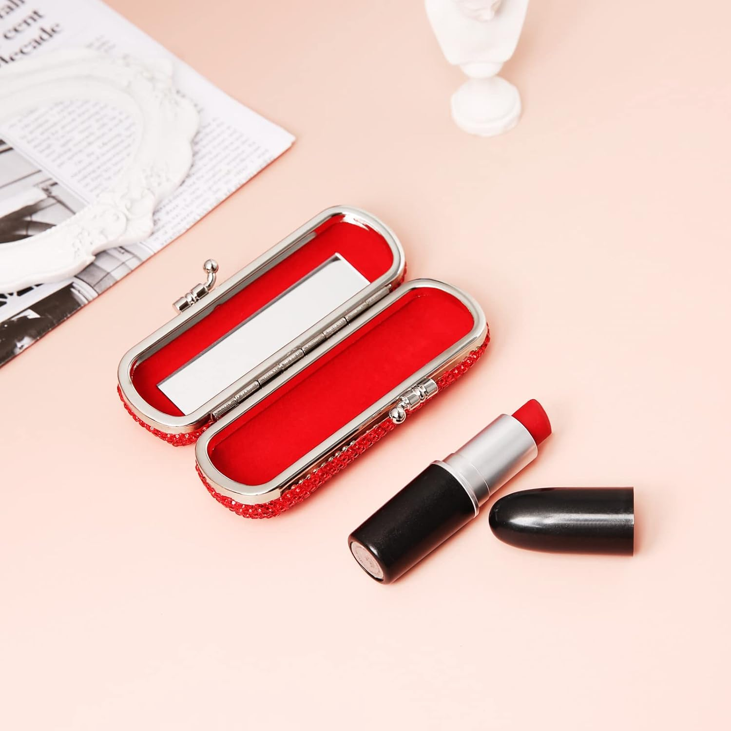 Asalways Shiny Rhinestone Crystal Portable Lipstick Case with Mirror Portable Bling Diamonds Makeup Cosmetic Storage Holder for Travel Ladies Fashion, Red image number 4