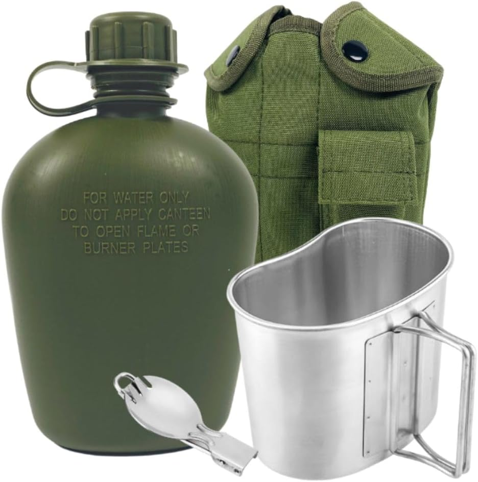 Begrit Military Canteen Army Canteen WWII Canteen Kit with Aluminum Cup Stainless Steel Foldable Spoon Fork for Hiking Backpacking Camping, 1 Quart