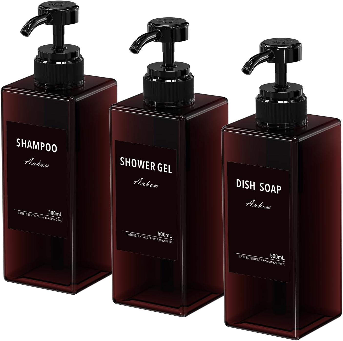 3 Soap Dispensers, Shampoo and Conditioner Dispenser Hand Soap Body Wash Refillable Bottles with Waterproof Category Labels for Shower/Kitchen/Bathroom Lotion Dispensing- Black / 500 Ml