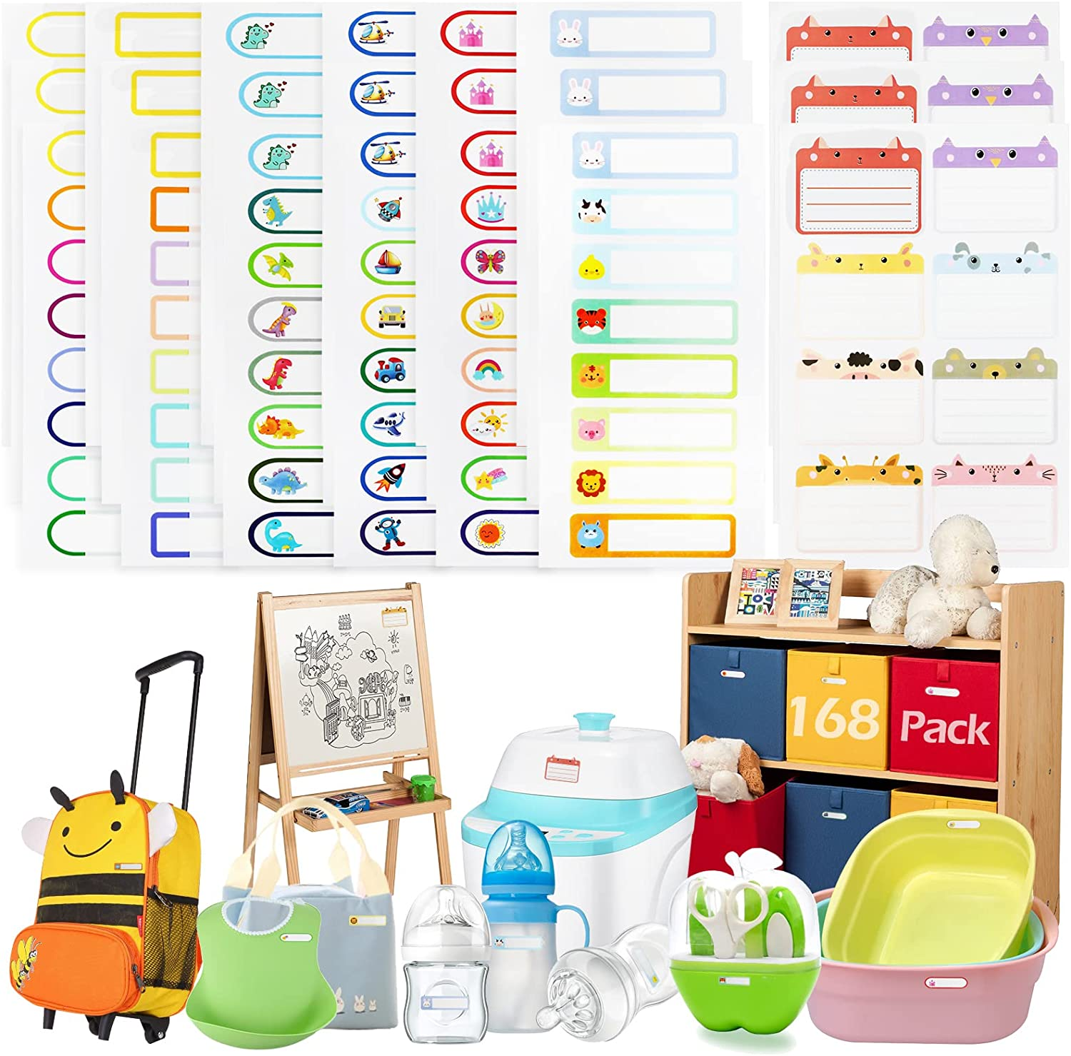 Geeric 168 Pcs Baby Bottle Labels for Daycare, Tinabless School Name Labels for Kids Self-Laminating Waterproof Write-On Name Labels Dishwasher Safe Stickers Kids Name Tags,Assorted Sizes & Colors image number 6