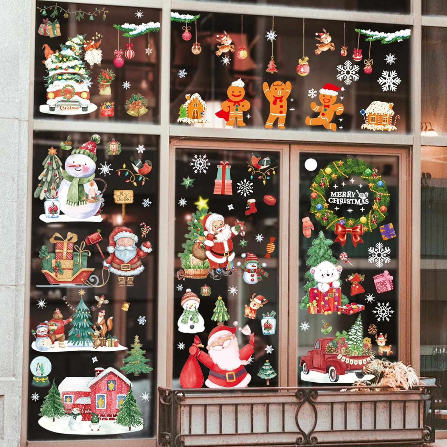 12 Sheet 260 Pcs Christmas Window Decals Stickers for Glass, PVC Double Sided Static Clings for Christmas Glass Decoration, Xmas Window Decals Gingerbread Stickers for Party Home Office Decor
