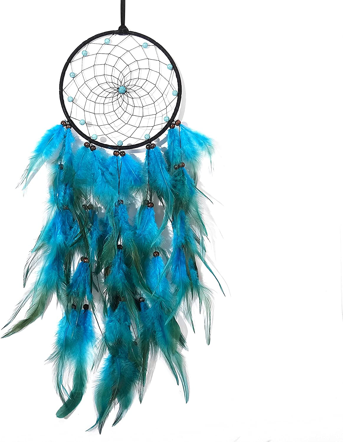 Dream Catchers with Blue Feathers, Handmade Boho Traditional Circular Net Dreamcatcher Wall Hanging Decor for Bedroom Dorm Home Ornaments Craft Gift (Black Circle)