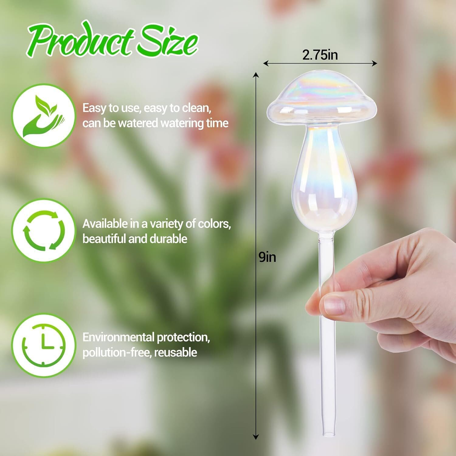Plant Watering Globes - 4 Pack Iridescent Rainbow Gradient Color Clear Mushroom Self Watering Spikes-Plant Watering Bulbs Devices for Indoor and Outdoor Plants - Measures 9" L X 2.7" D image number 6