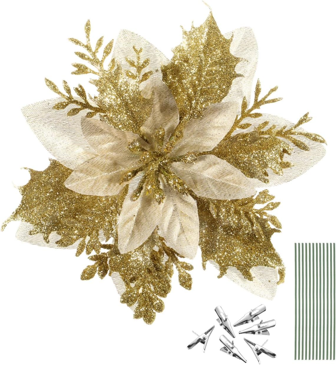 Kisangel 12Pcs Christmas Tree Picks, Artificial Poinsettia Glitter Flowers with Stems and Clips, Xmas Tree Flowers for Wedding Party Ornaments, Gold