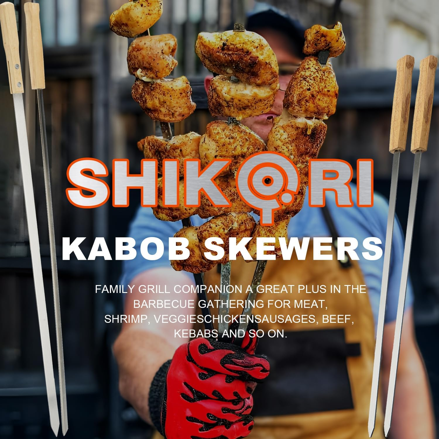 Professional Kabob Skewers, 23 Inch Heavy Duty Large Wide Reusable BBQ Barbecue Skewers, Stainless Steel Sticks with Nonslip Wooden (Flat-12 Pcs) image number 1