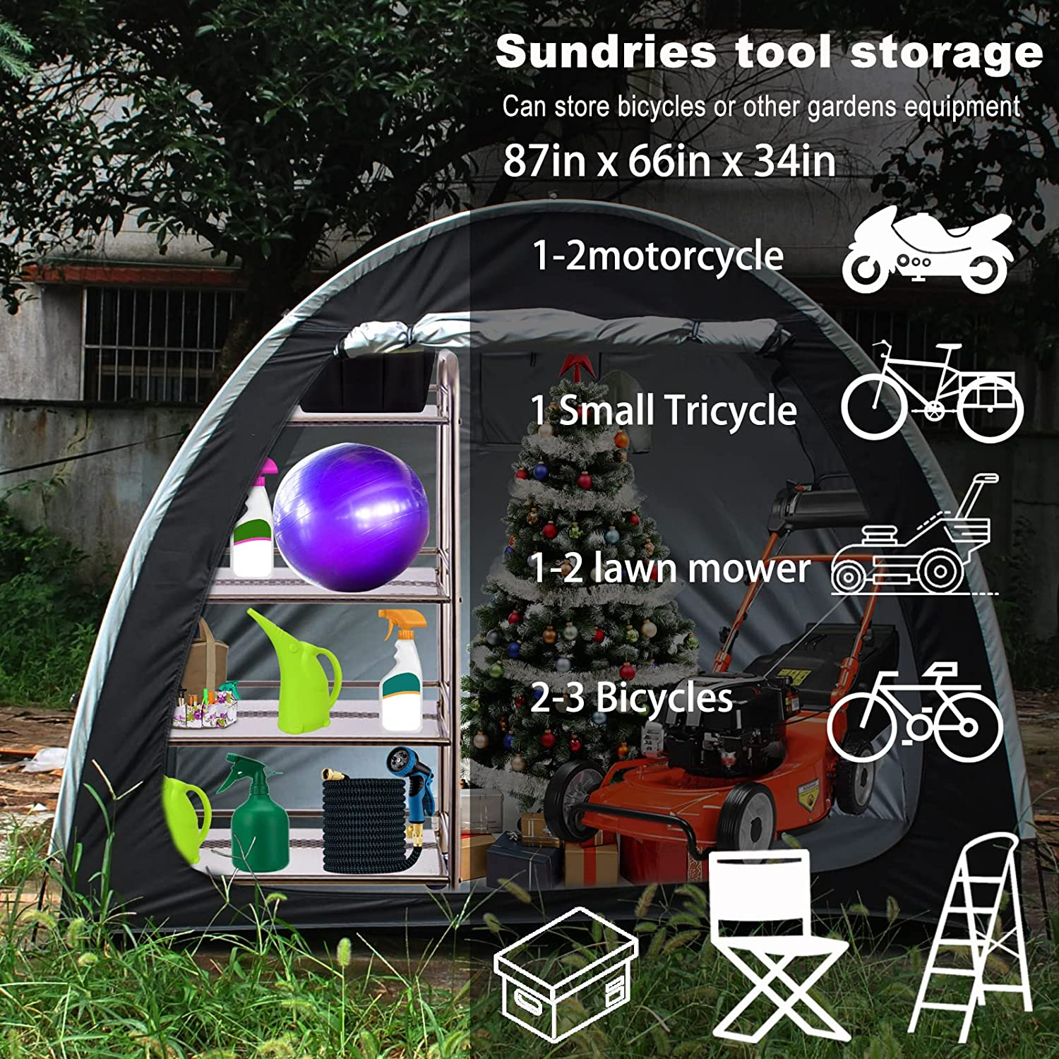 Bike Storage Shed,Bicycle Tent,Bike Covers Waterproof Outdoor Large with Window and Floor,With 18-In-1 Snowflake Multi Tool and Combination Lock,For Stockpile 2-3 Bikes or Tricycle Gardening Tools image number 2