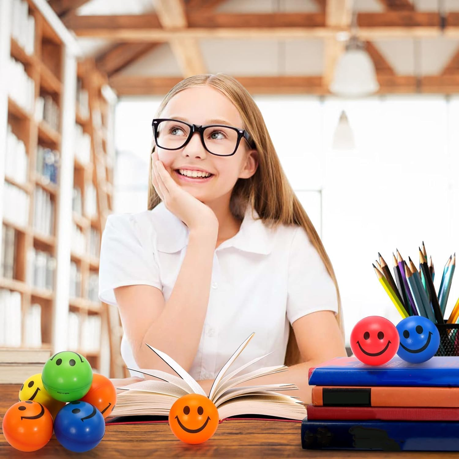 24 Pack Stress Balls Bulk,2.5 Inch Face Squeeze Balls,Smile Balls,Party Favor Soft PU Balls,Stress Relief for Finger Exercise School Carnival Reward,Assorted Colors Random Pattern image number 1