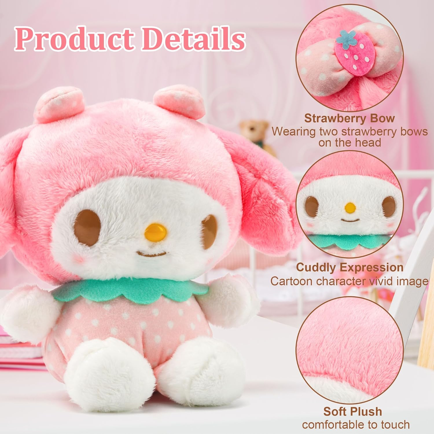 8 Inch Cute My Melody Plush Toys, Kawaii Cartoon Melody Strawberry Stuffed Animal Pillow Doll Perfect Birthday Party Favor Gifts for Kids Girls Anime Fans