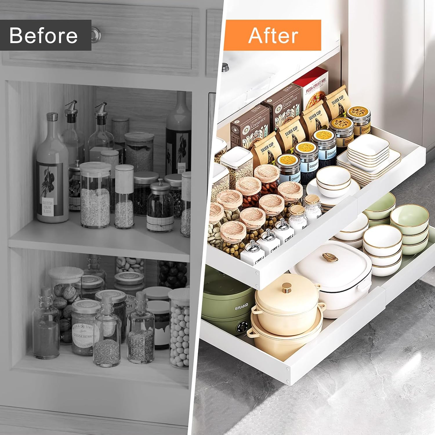 2 Pack Pull Out Cabinet Organizer, Expandable (12.6-20.5In) Cabinet Roll Out Drawers，Upgraded No-Drill Chest of Pull Out Drawers for Cabinets with 3 Adjustable Slides (White, 16.5 in Deep) image number 5