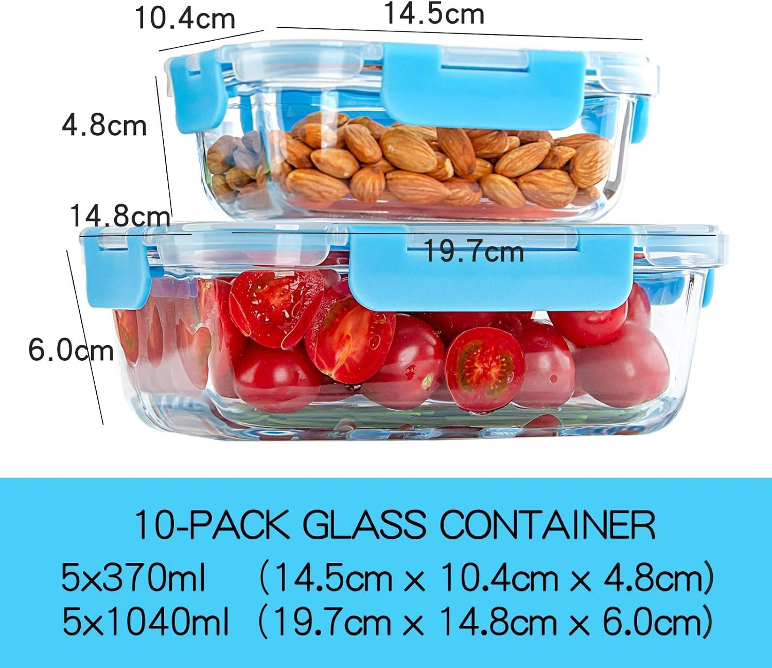 MINYII 10 Pack Glass Food Storage Containers with Lids, Meal Prep Pantry Kitchen Storage Containers for Lunch, Leak Proof, Airtight Glass Lunch Bento Boxes for Microwave, Oven, Freezer (10-Blue-01) image number 4
