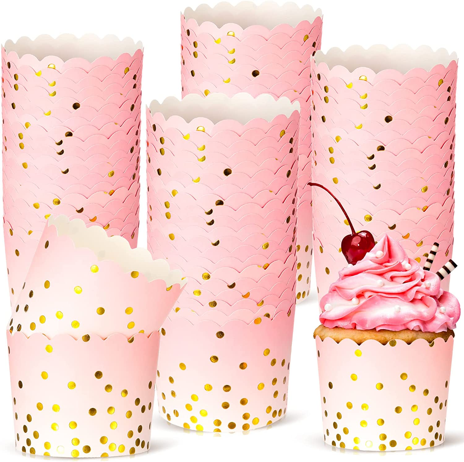 100 Pcs Pink Cupcake Liners 4.5 Oz Gold Polka Dot Paper Baking Cups for Muffins Desserts Bake, Easter, Baby Showers, Wedding and Birthday Party