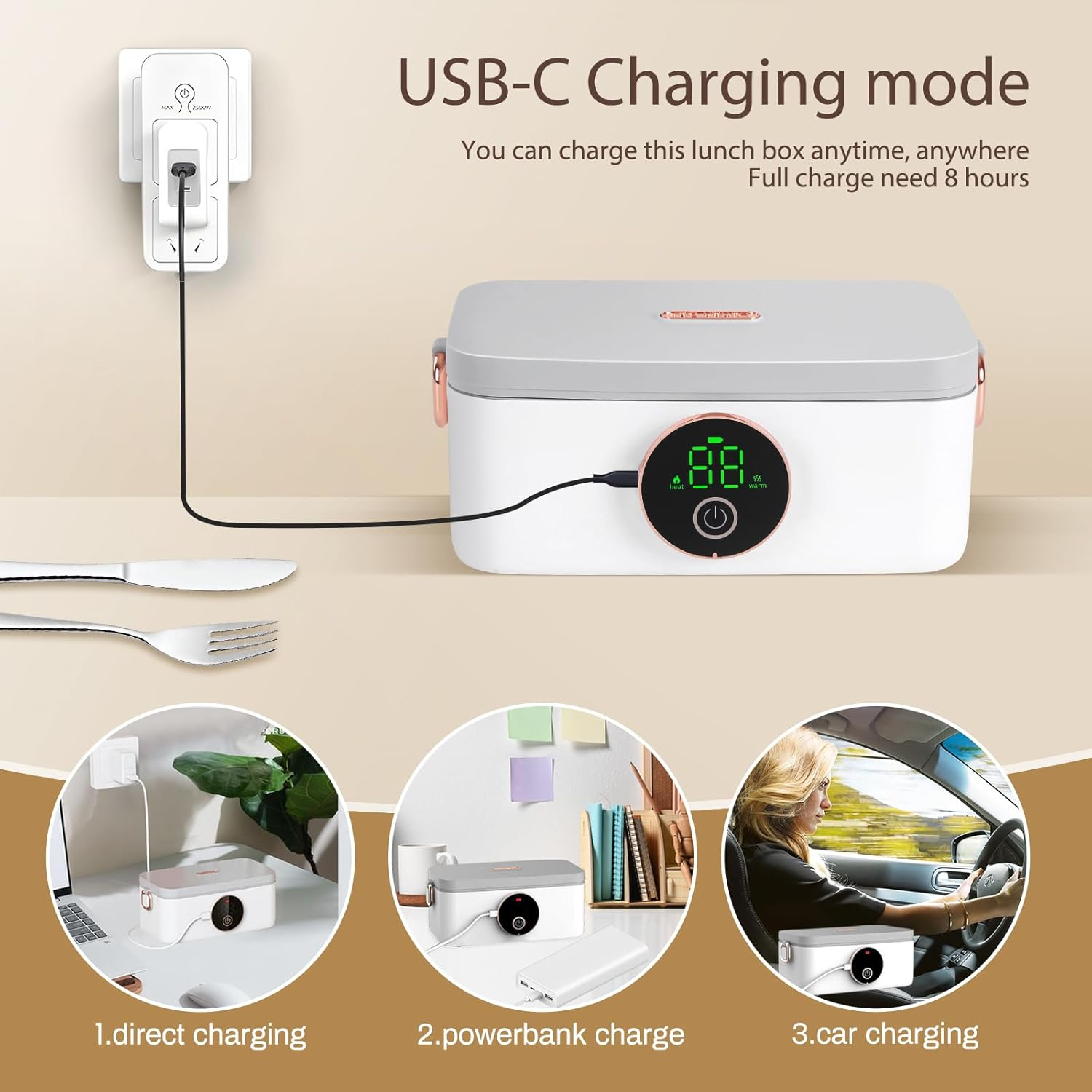 Cordless Electric Lunch Box, 1L Self Heating Lunch Box Battery Powered, Battery Powered for Car, Office, Travel, Picnic, a Heartwarming for Your Husband/Wife/Son/Daughter image number 3