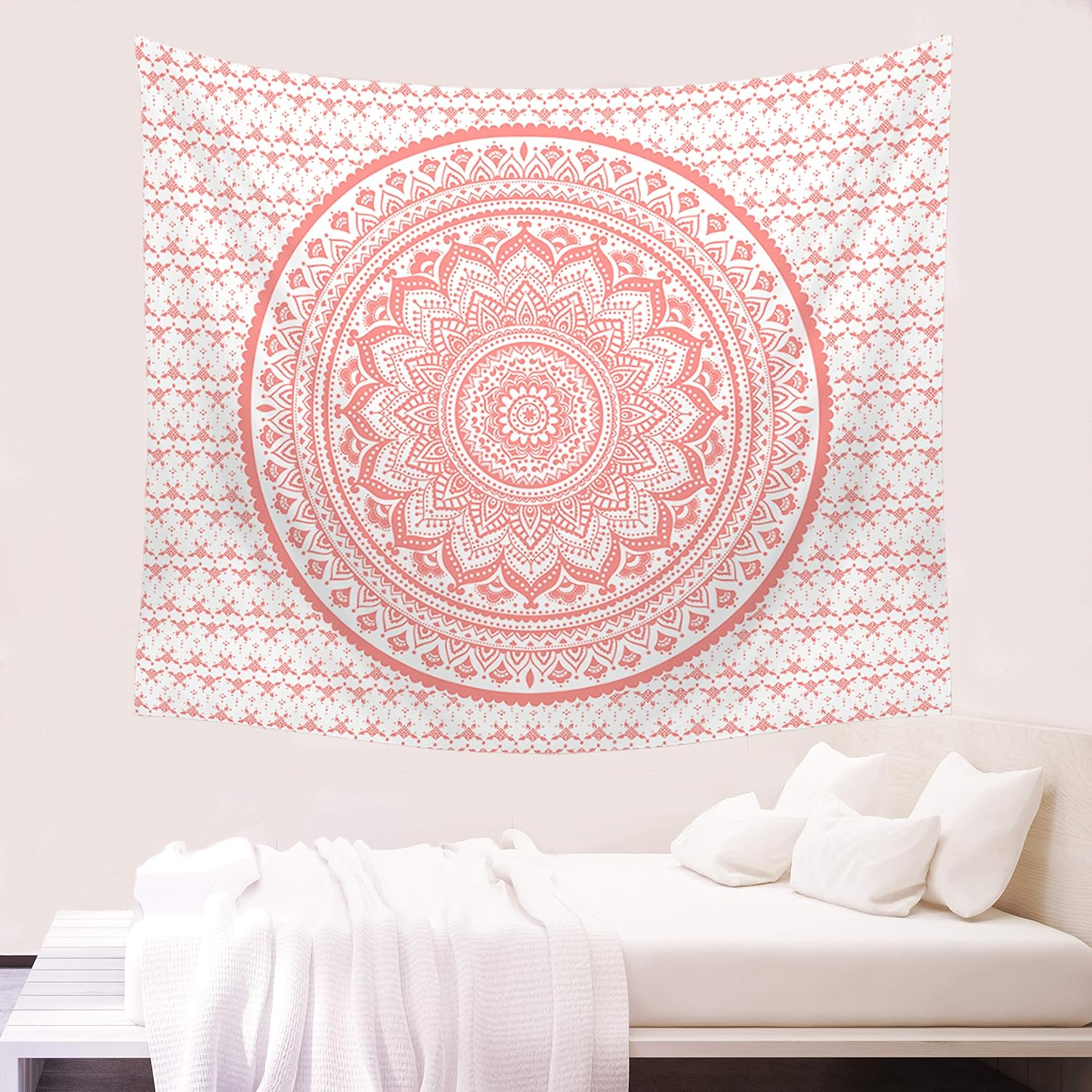 Ftuency Pink Mandala Tapestry Indian Hippie Bohemian Psychedelic Tapestries Women Wall Hanging for Bedroom Teen Girl (Pink, 70.9" X 94.5")