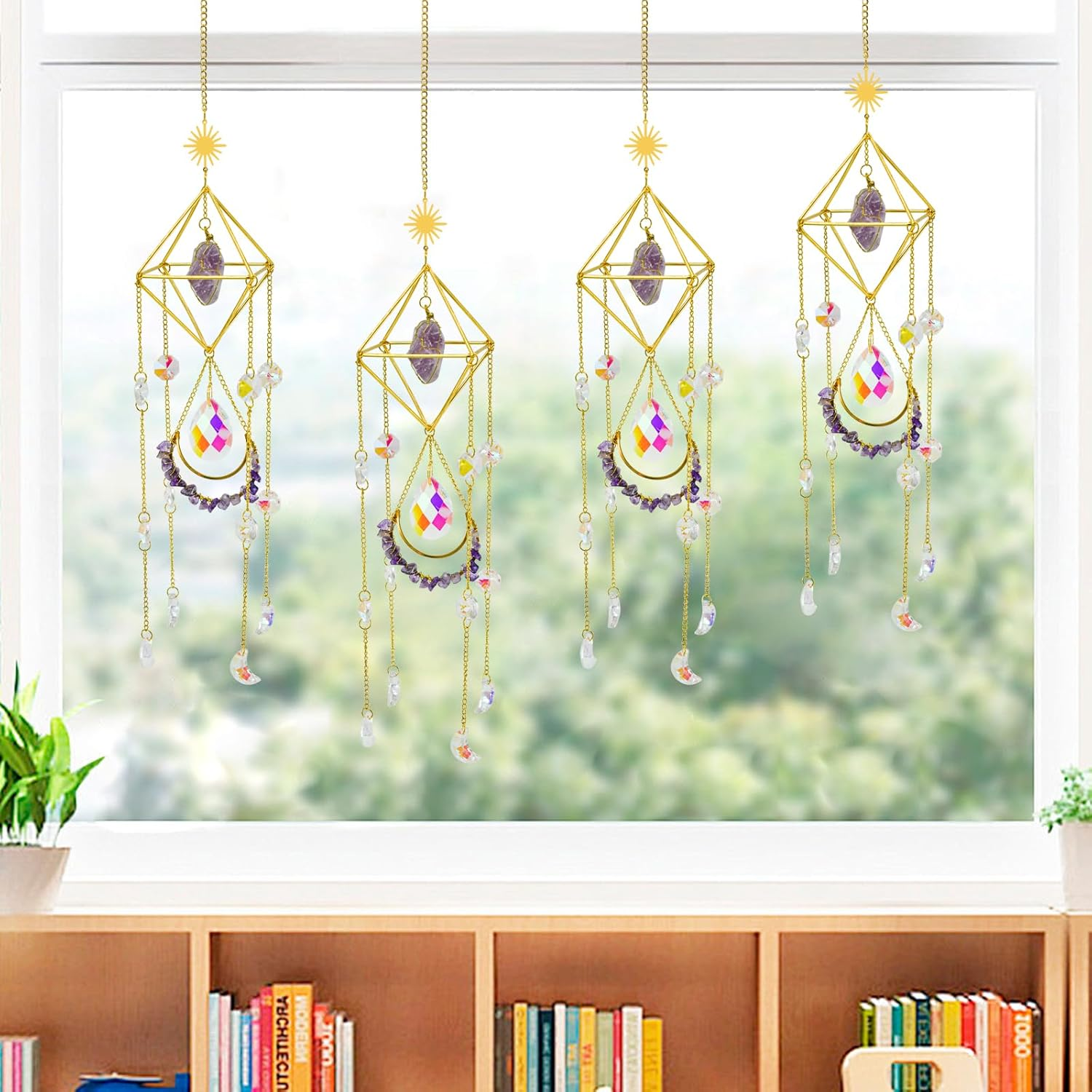 Mrmrkura Crystal Suncatcher for Windows Hanging with Chain, Gold Sun Catchers with Crystals Rainbow Maker Wind Chime Crystal Ornament for Home Indoor Decor (Amethyst) image number 1