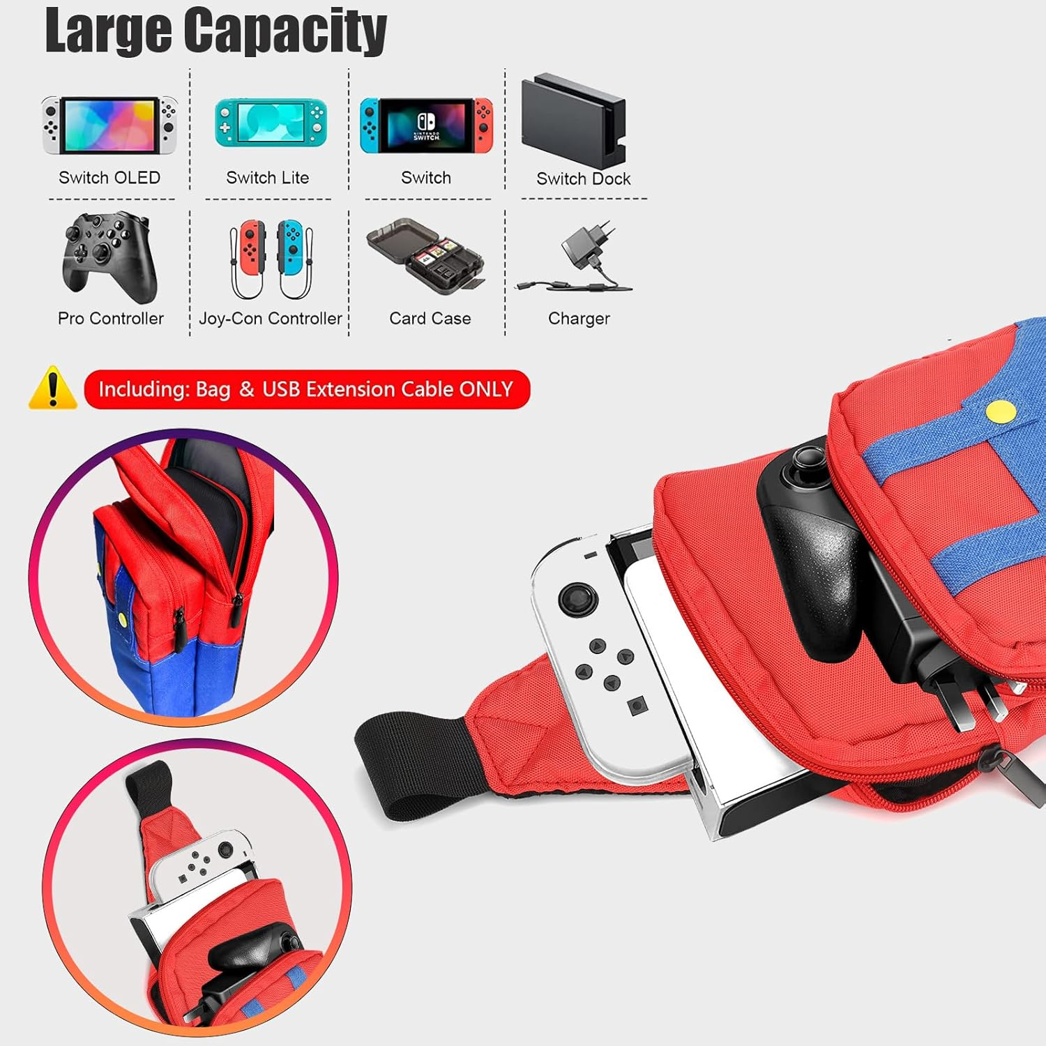 Cute Travel Bag for Nintendo Switch/Lite/Oled/Steam Deck, Small Sling Portable Waterproof Backpack Carrying Crossbody Shoulder Chest Gaming Bag Case for NS SD Console Dock Joy-Cons Accessories Storage image number 2