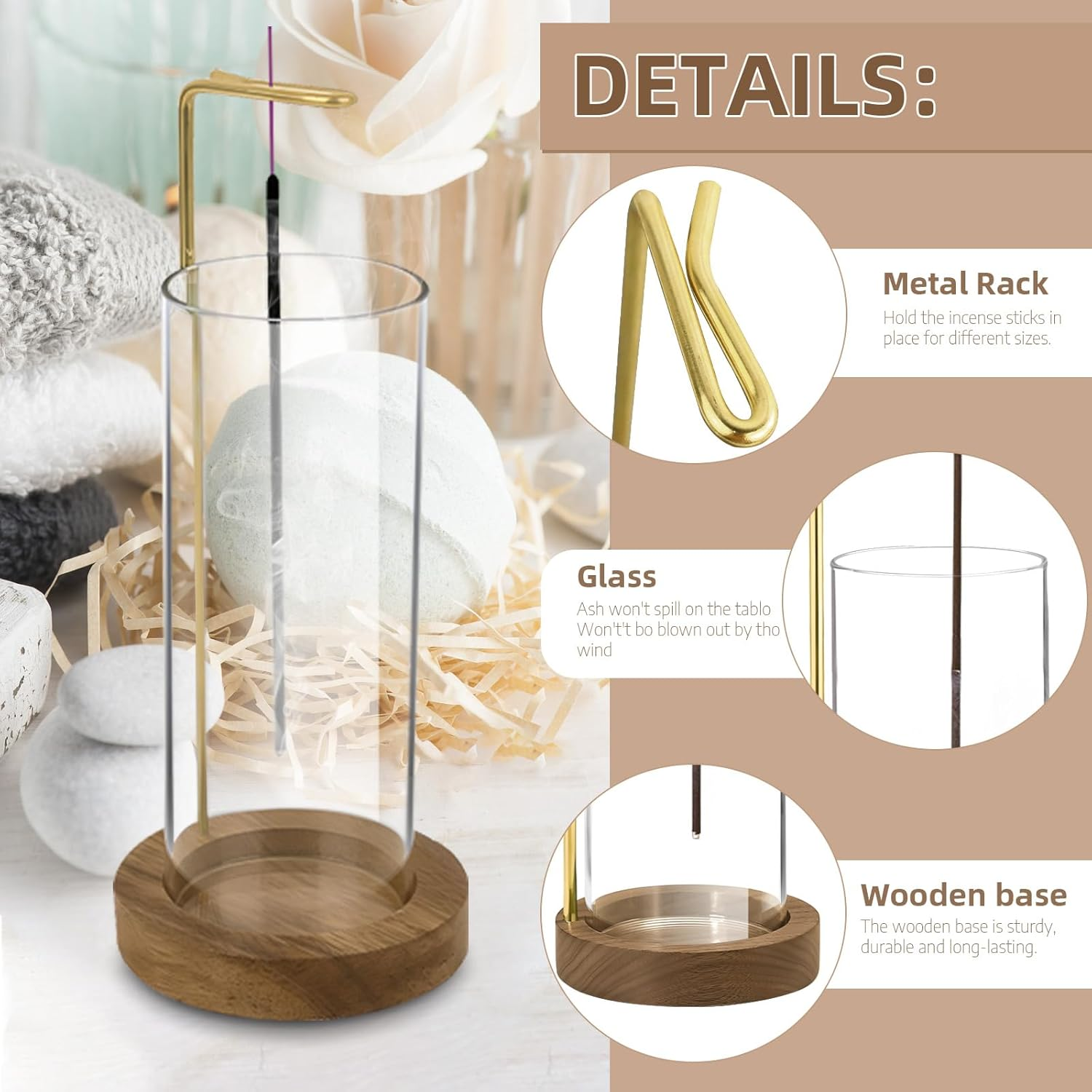 Wooden Incense Holder with Glass, Incense Stick Holder with Ash Catcher, Modern Incense Burner for Home Decor Yoga Meditation (Circular) image number 4