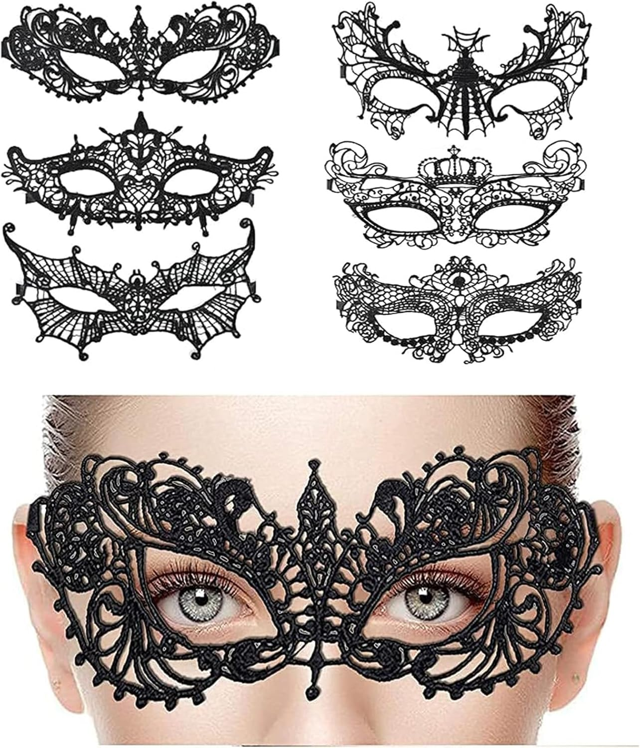 6PCS Venetian Lace Masquerade Masks for Women - Gothic Black Party Masks, Adjustable Soft Lace, Elegant for Halloween, Balls, Cosplay & Carnival image number 2