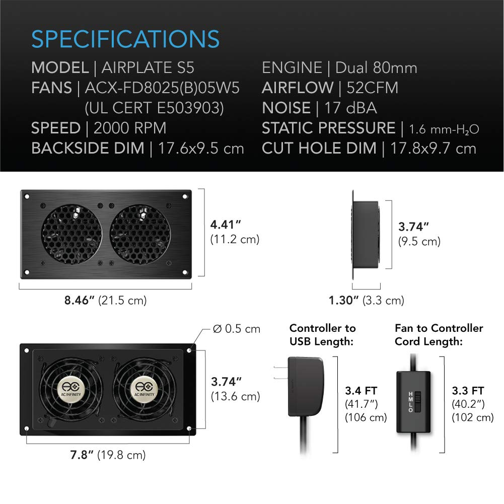 AC Infinity AIRPLATE S5 Quiet Cooling Fan System 8 with Speed Control for Home Theater AV Cabinets image number 6