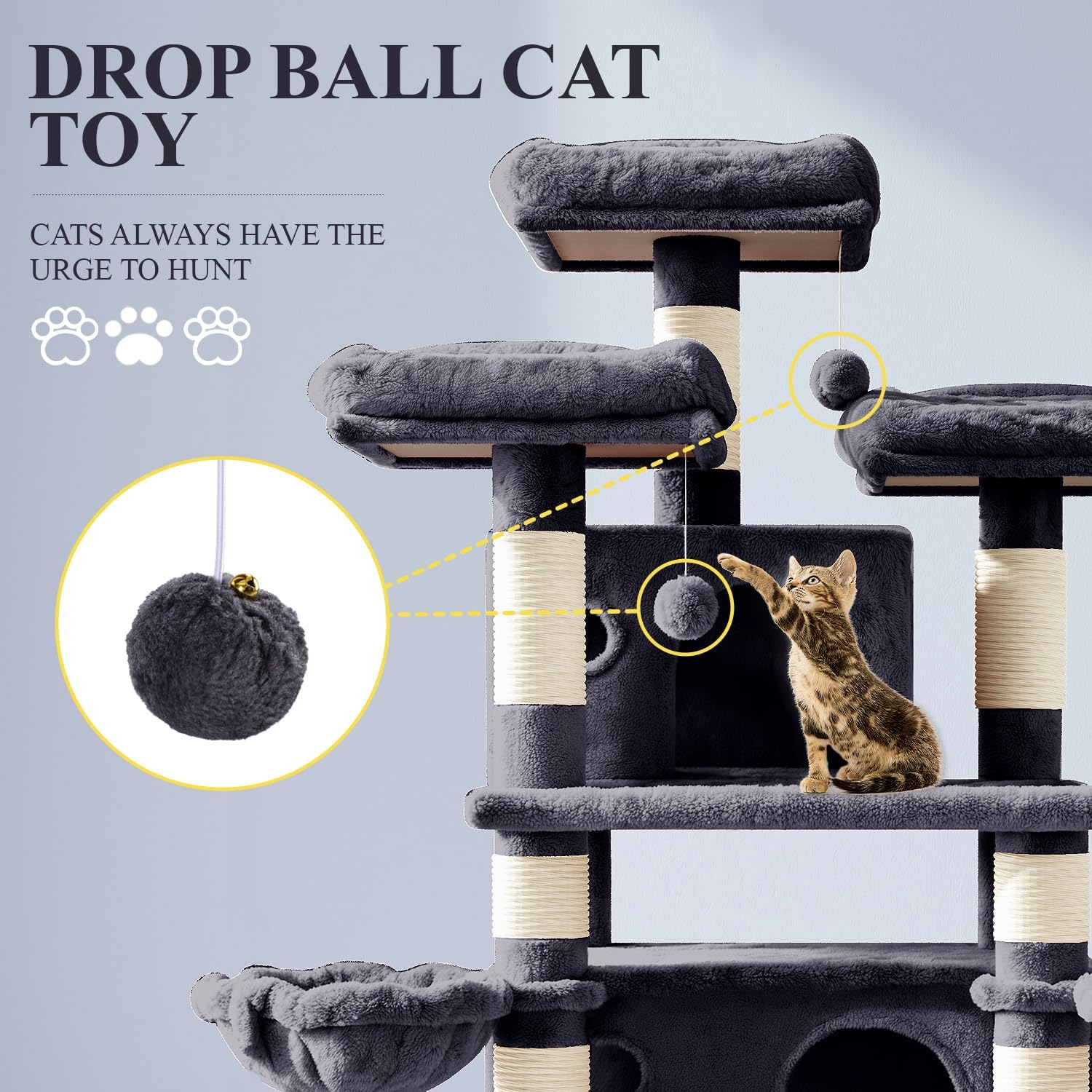 Allewie 68 Inches Cat Tree/House and Towers for Big Feline/Scratching Post/Multi-Level Large Kitty Climbing Tree with Condo/Smokey Grey image number 1
