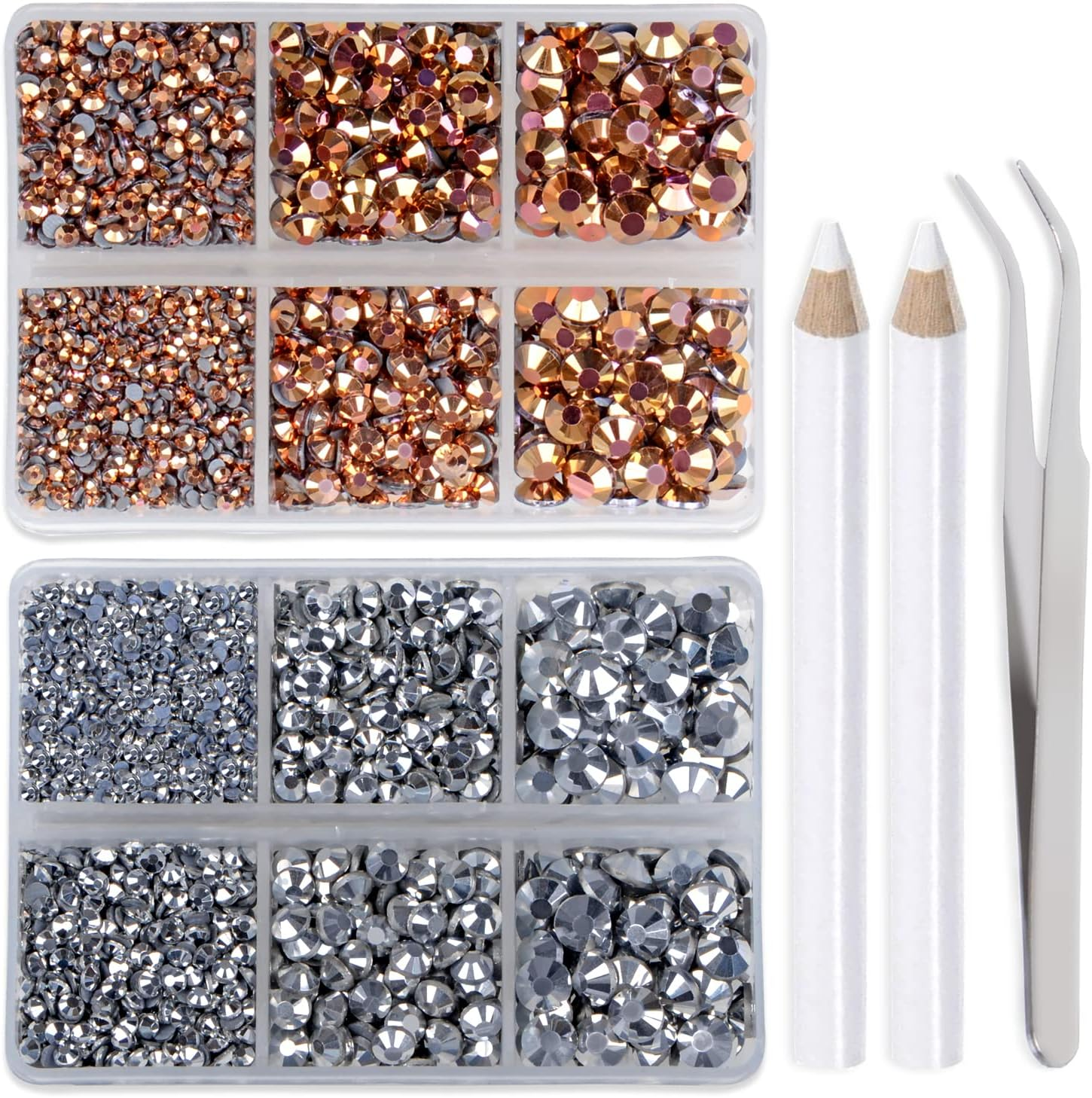 Lpbeads 6400 Pieces Metallic Rose Gold and Metallic Silver Hotfix Rhinestones Flat Back 5 Mixed Sizes Crystal round Glass Gems with Tweezers and Picking Rhinestones Pen