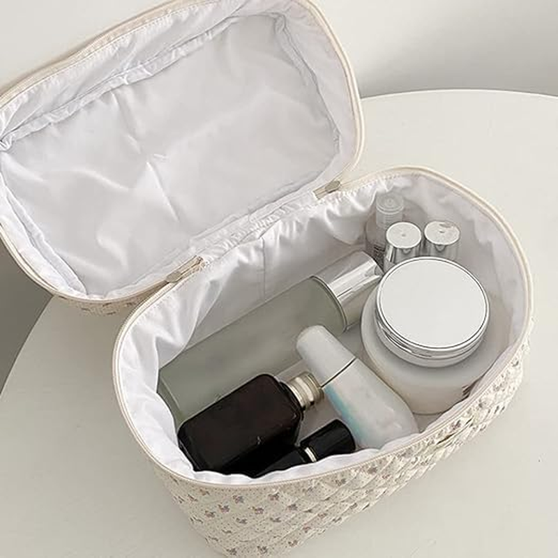Makeup Bag Floral Cotton Large Travel Cosmetic Quilted Pouch Coquette Aesthetic Toiletry for Ladies Girl Multifunction Storage Bag, Beige, (YJL-DRLSHHZB-01) image number 2