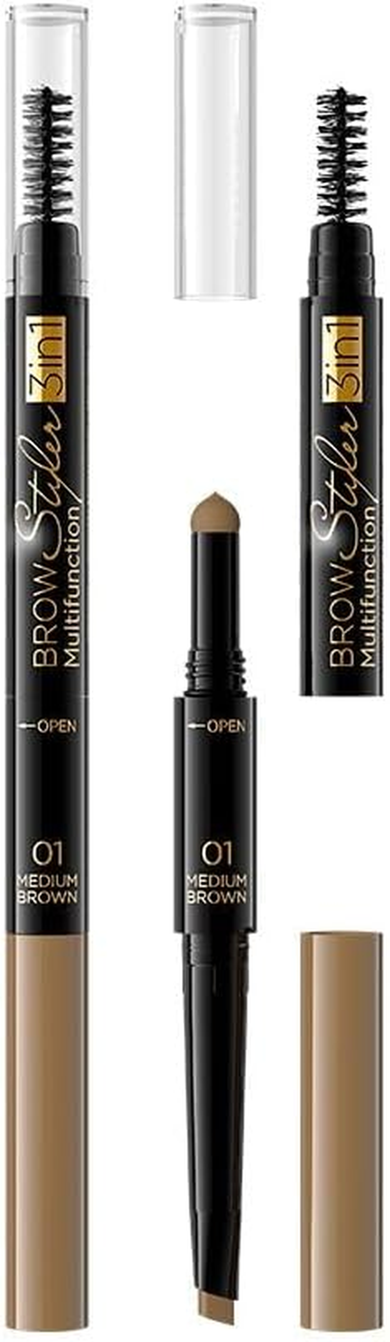 Eveline Cosmetics Brow Styler 3-In-1 Durable Multifunctional Eyebrow Pen | Medium Brown Eyebrow Make up | Precision Brush | Natural Effect | Powder with Applicator image number 2