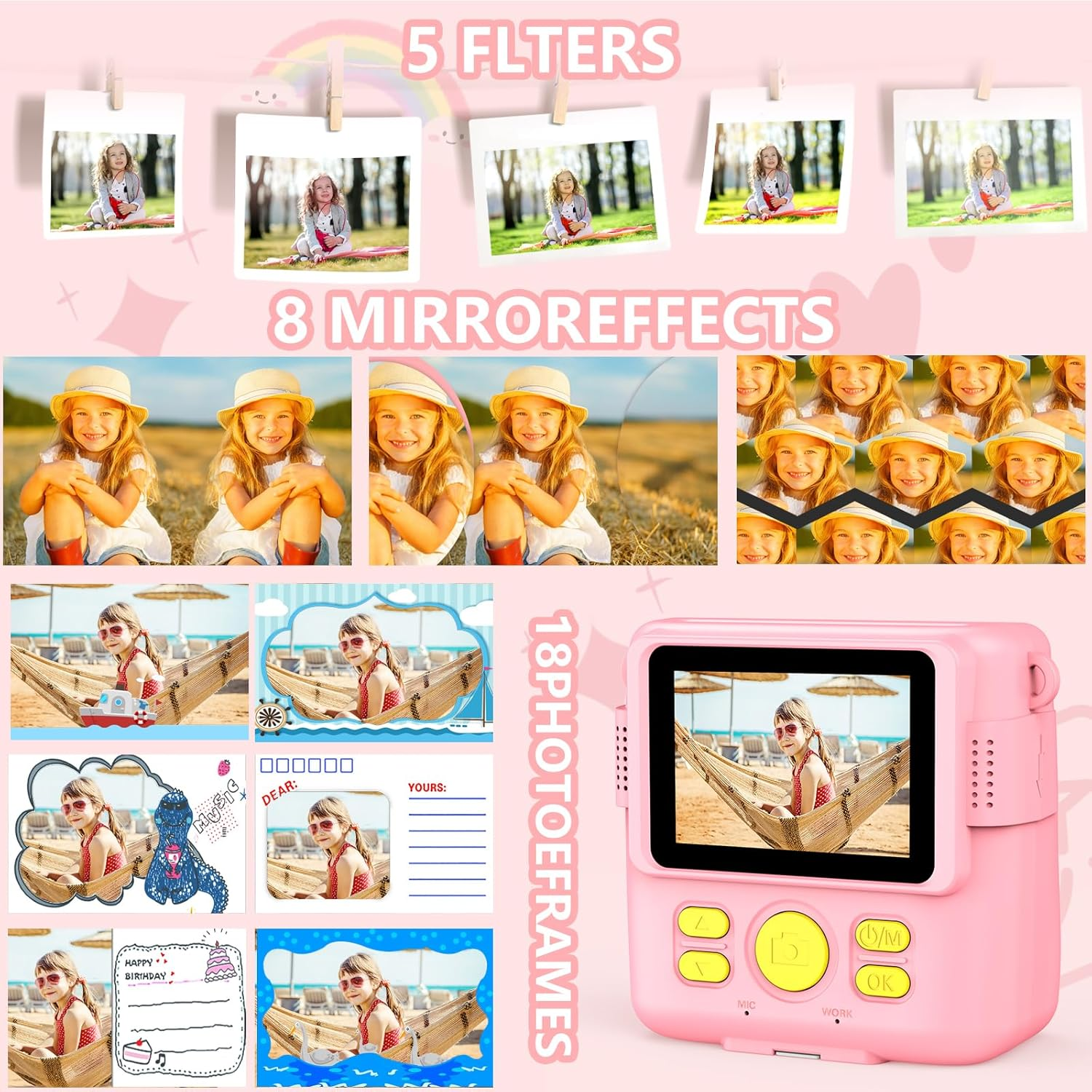 Instant Print Camera for Kids,Christmas Birthday Gifts for Age 3-12 Girls Boys，1080P HD Digital Video Cameras for Toddler,Kids Portable Toy with 3 Rolls Photo Paper，32Gb Card-Pink image number 4